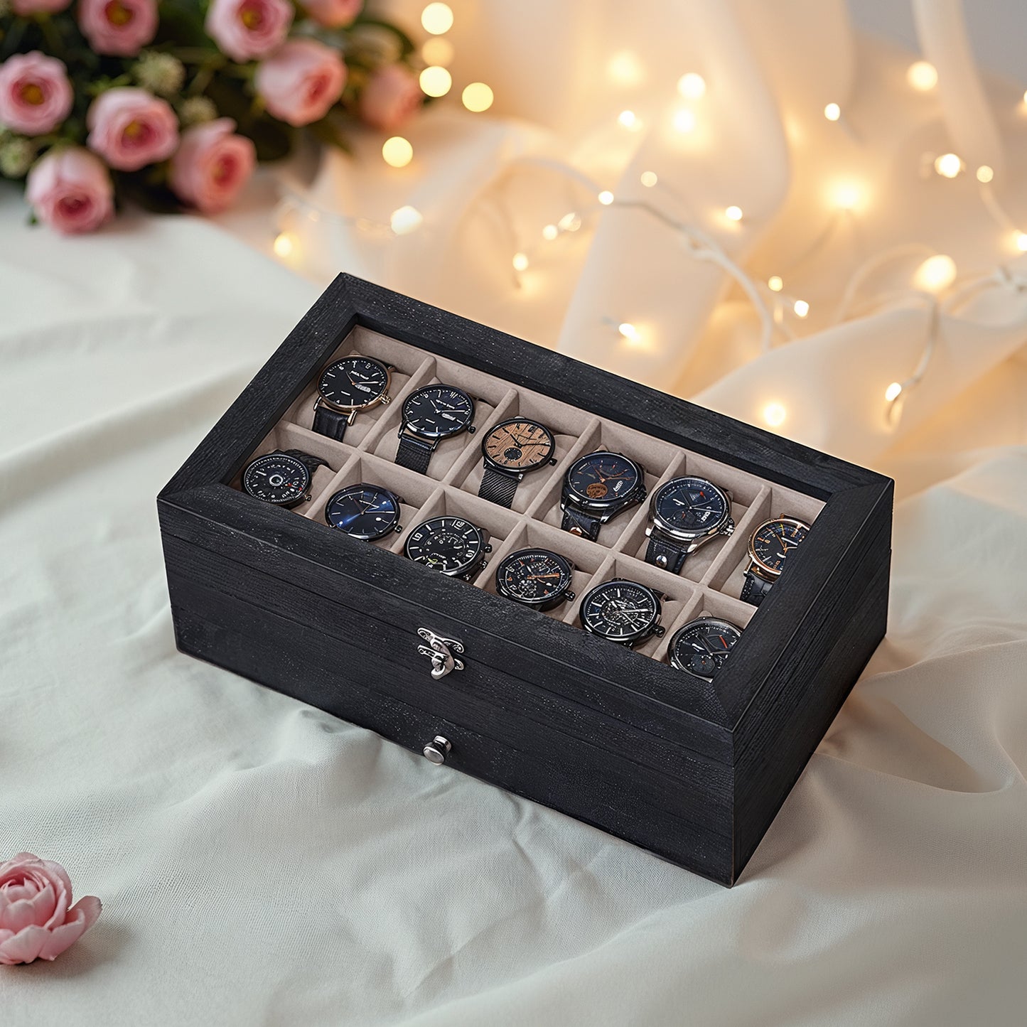 2-Tier Watch Display Case with Glass Top, 12-Slot Wooden Watch Box with Removable Pillows & Jewelry Drawer, Ebony Black