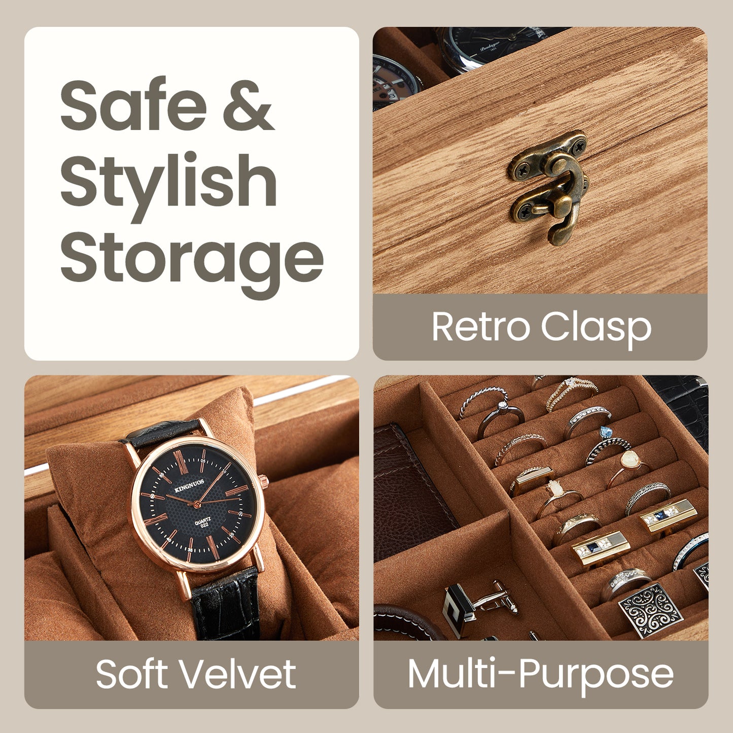 2-Tier Wood Watch Box with Large Glass Lid, 8-Slot & Drawer Storage, Removable Pillows, Velvet Lined, Rustic Walnut