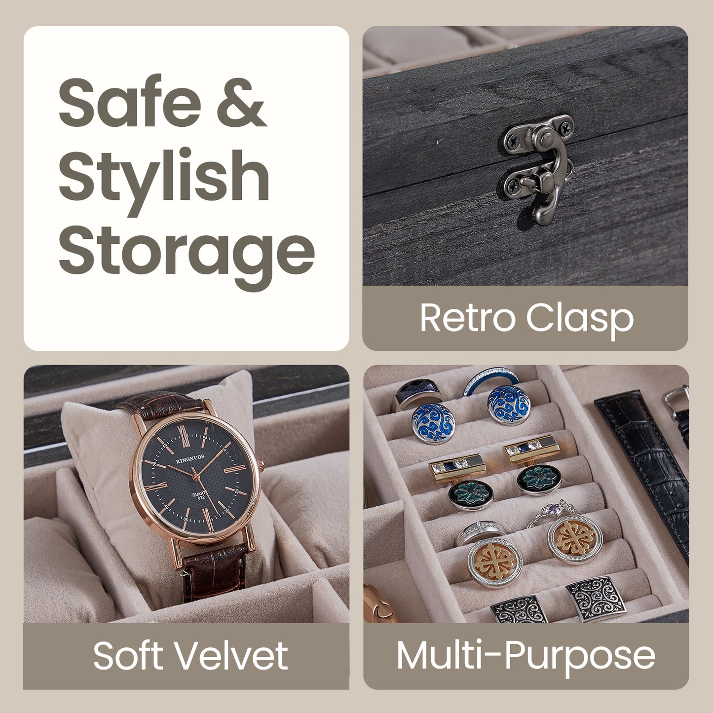 2-Tier Watch Display Case with Glass Top, 12-Slot Wooden Watch Box with Removable Pillows & Jewelry Drawer, Ebony Black