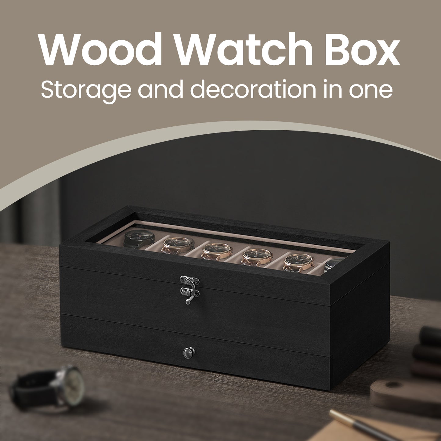 2-Tier Watch Display Case with Glass Top, 12-Slot Wooden Watch Box with Removable Pillows & Jewelry Drawer, Ebony Black
