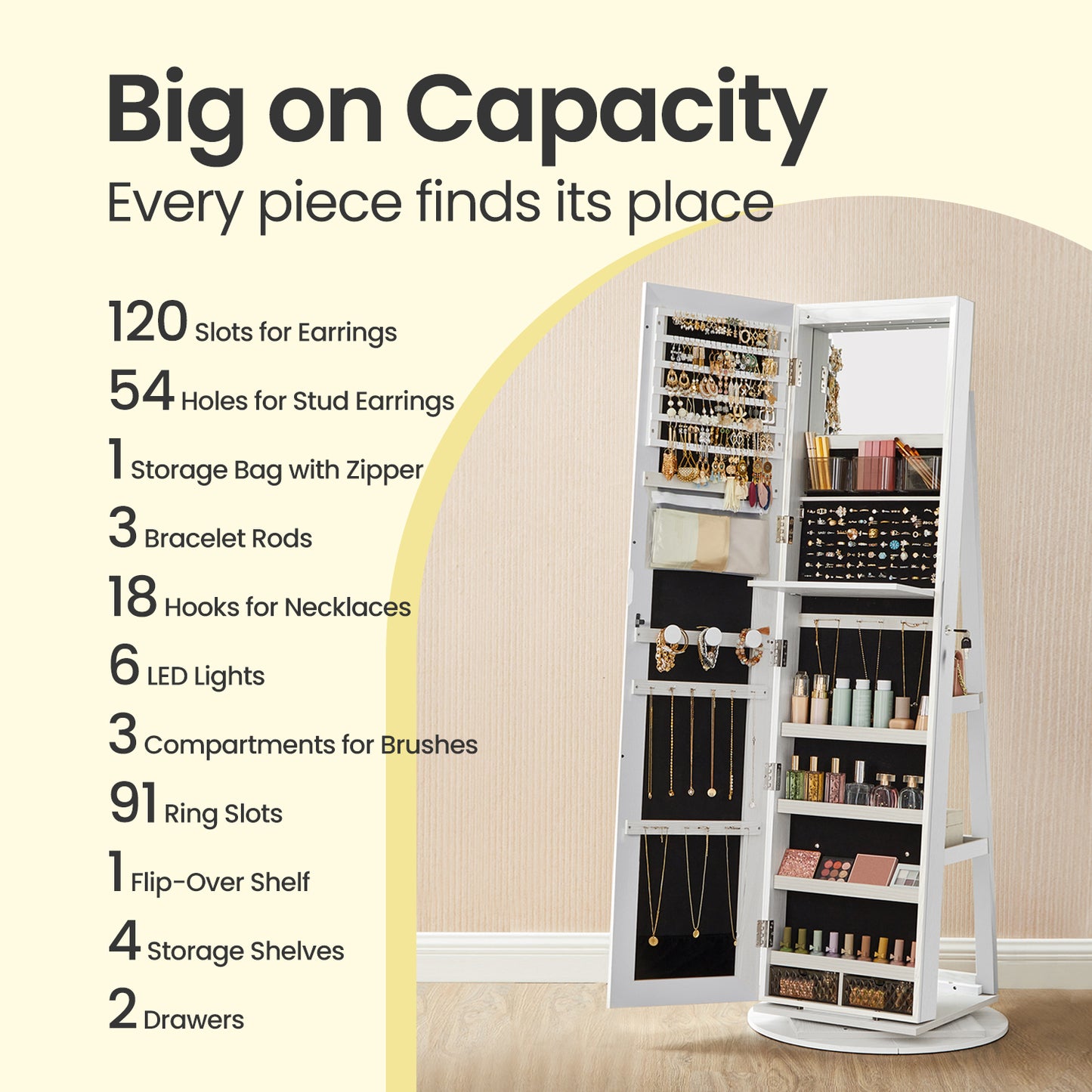 6-LED Lockable Jewelry Cabinet with 360° Swivel, Full-Length Frameless Mirror, 3 Shelves & Velvet Lining - Earring,Necklace,Ring Organizer, White & Black