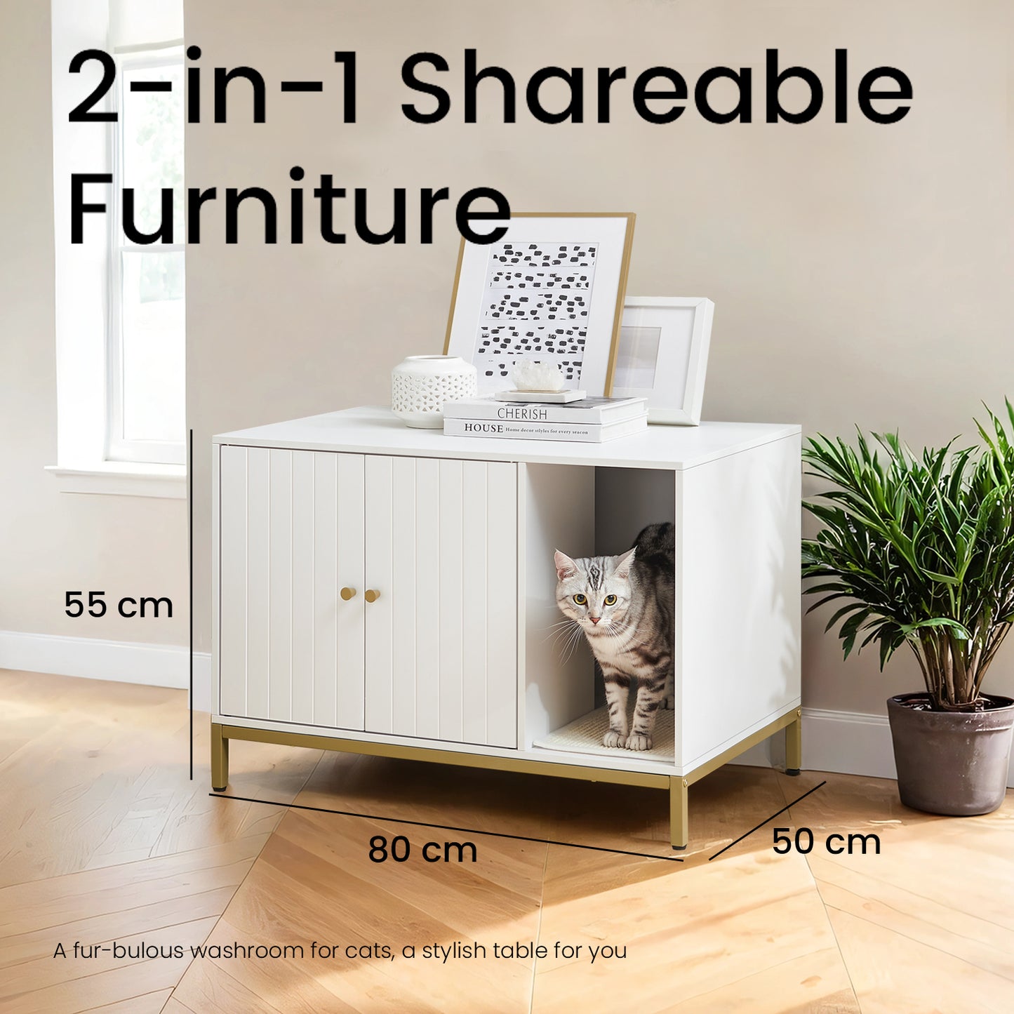 Modern Cat Litter Box Enclosure - Hidden Litter Box Furniture with Scratching Mat, Side Table, White and Gold
