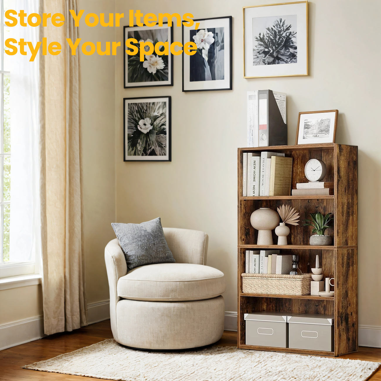4-Tier Bookcase, Adjustable Open Shelf, 23.6" Wide Storage Unit for Books, Decor & Office, Rustic Brown