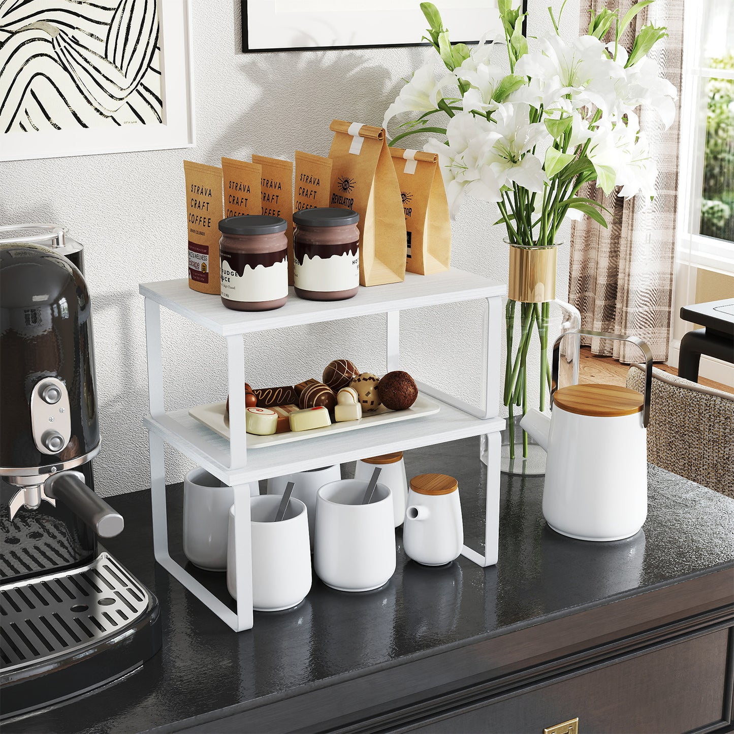 Kitchen Cabinet Organizer Shelf Set, 2-Tier Stackable & Expandable Storage Rack, Countertop Spice Holder, for Pantry,Bathroom,Office, White