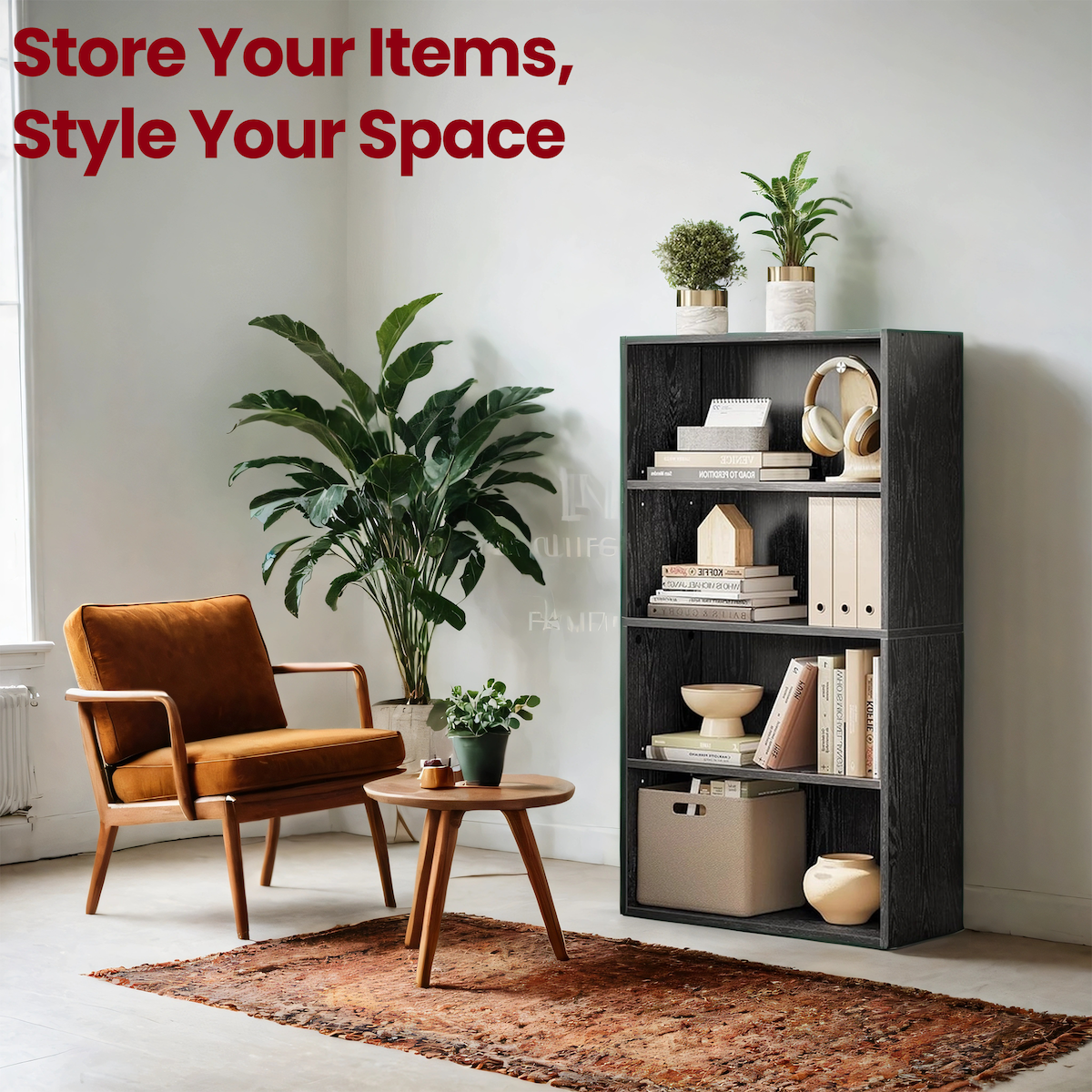 4-Tier Adjustable Bookcase, Open Shelf Organizer, 42.4" Tall Storage Unit for Home, Office, 22lb Capacity, Ebony Black