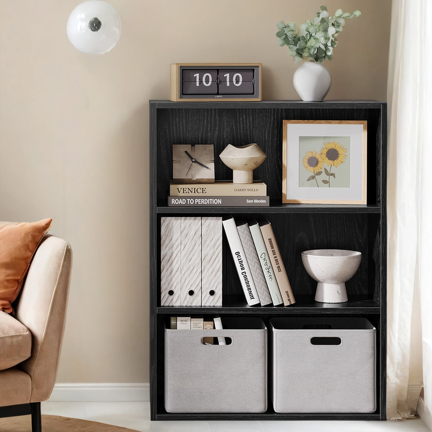 3-Tier Adjustable Bookcase, Open Shelf Organizer, 32" Tall Storage Unit for Home, Office, 22lb Capacity, Ebony Black