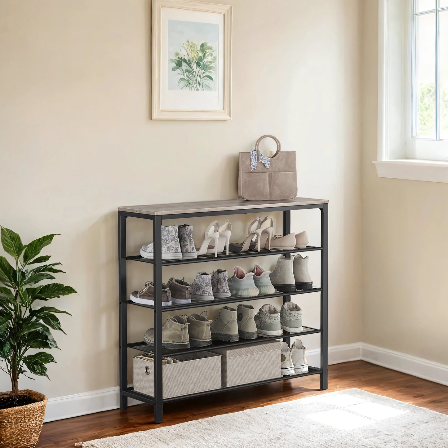 INDESTIC 5-Tier Shoe Rack, Heavy-Duty Steel Frame with 4 Mesh Shelves & Large Top for Shoes,Bags, Entryway Organizer, Adjustable Feet, Greige,Black