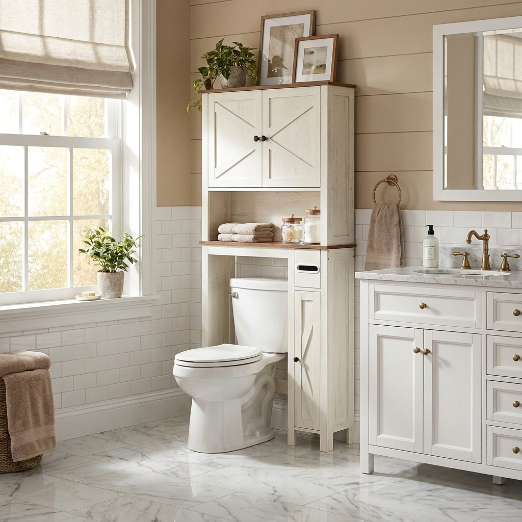 Over the Toilet Storage Cabinet, Farmhouse Bathroom Organizer with Barn Doors, 31.3 x 9.9 x 66.6 Inches, White and Tan
