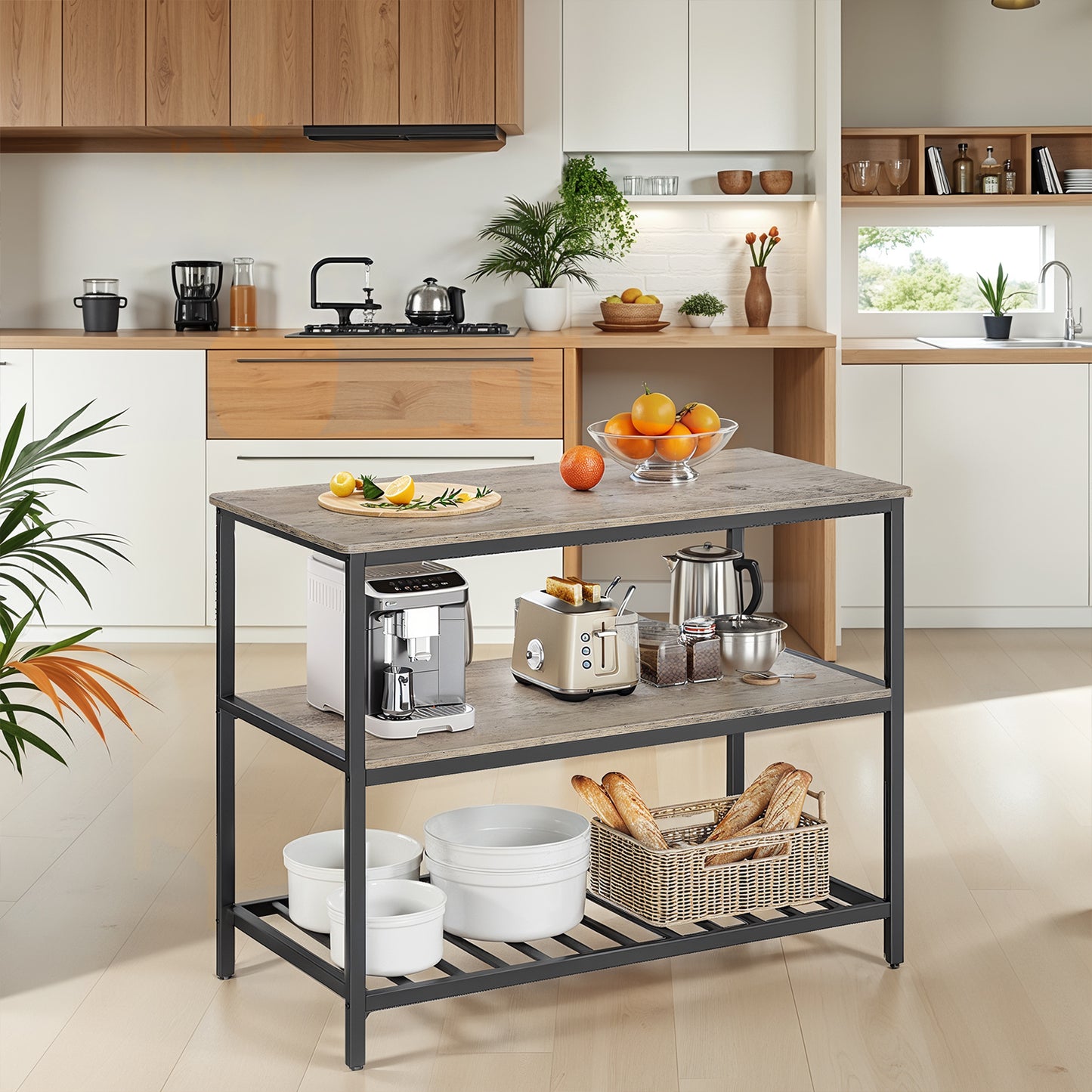 Kitchen Island with 3 Shelves, Large Worktop and Industrial Steel Frame, Multi-Purpose Kitchen Cart and Bar Table, Easy Assembly, Greige and Black