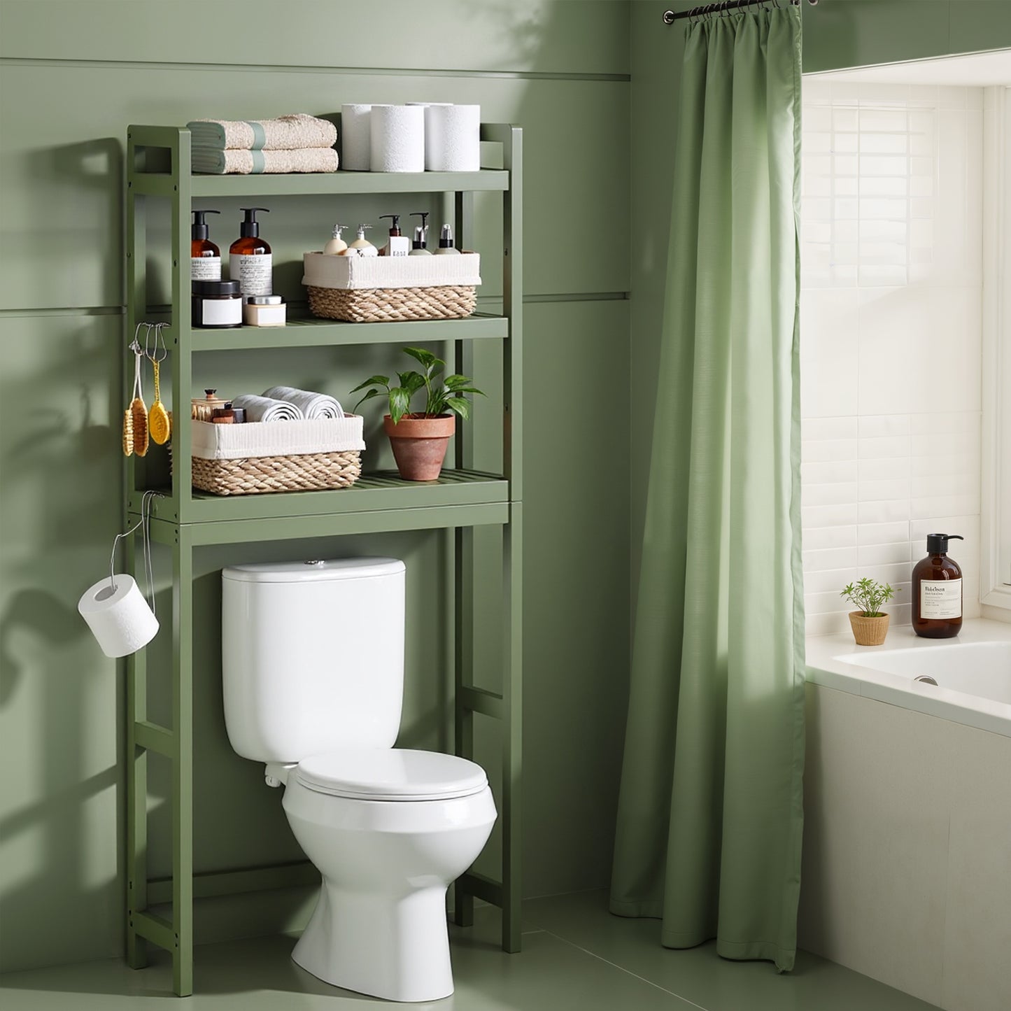 3-Tier Over-The-Toilet Storage Shelf with Adjustable Middle Tier, 4 Hooks & TP Holder ,Space-Saving Bamboo Organizer for Towels, Toiletries, Forest Green