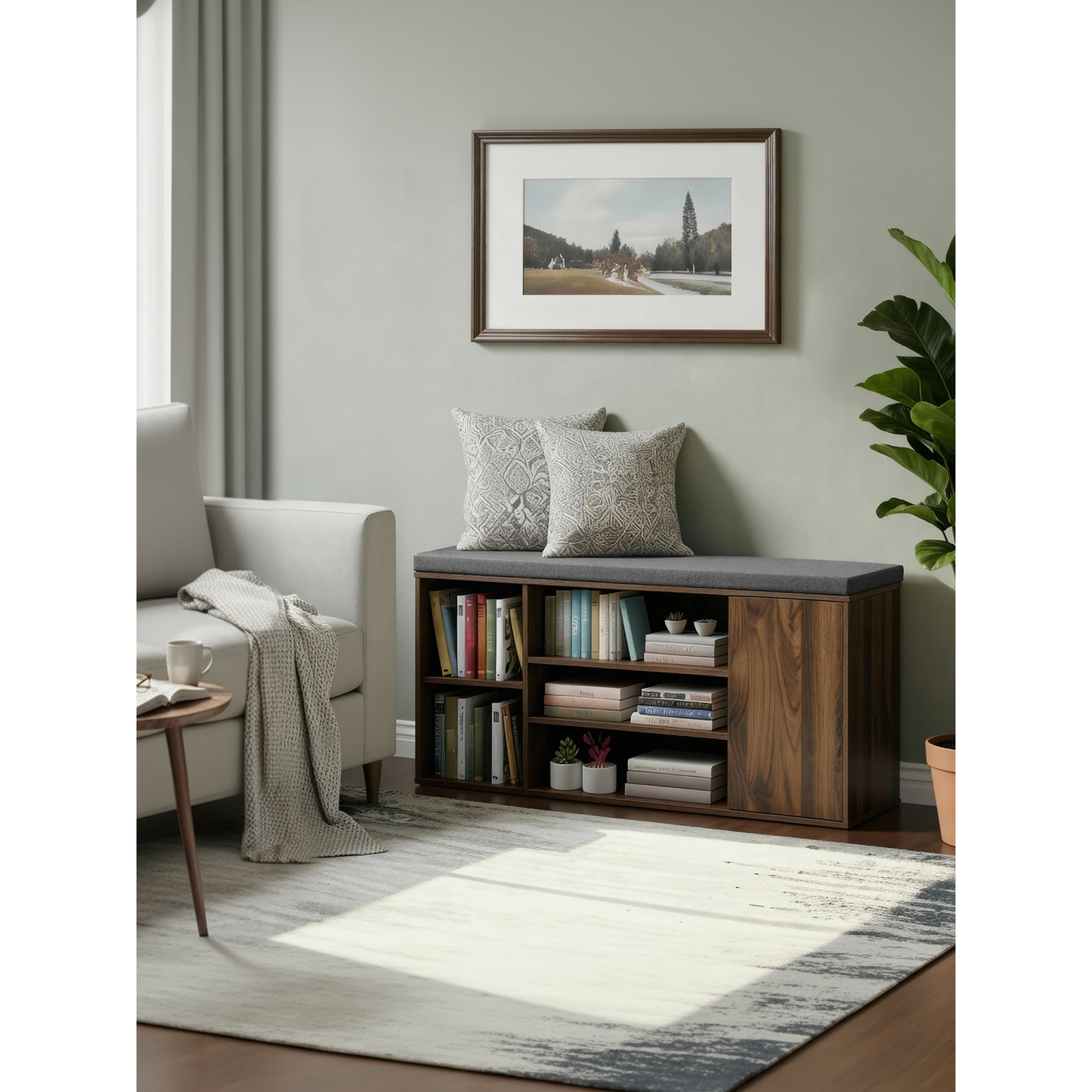 LEDREM Shoe Storage Bench, Tool-free installation, Entryway Bench With Storage Cabinets & Padded Seat Cushion, For Hallway and Bedroom