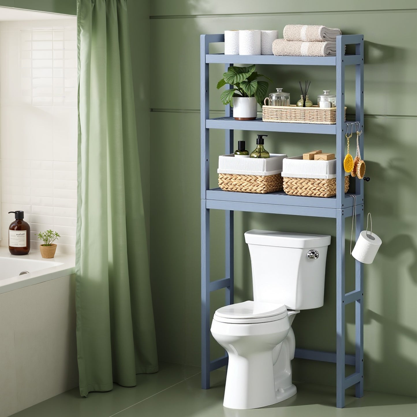3-Tier Over-The-Toilet Storage Shelf with Adjustable Middle Tier, 4 Hooks & TP Holder,Space-Saving Bamboo Organizer for Bathroom, Gray