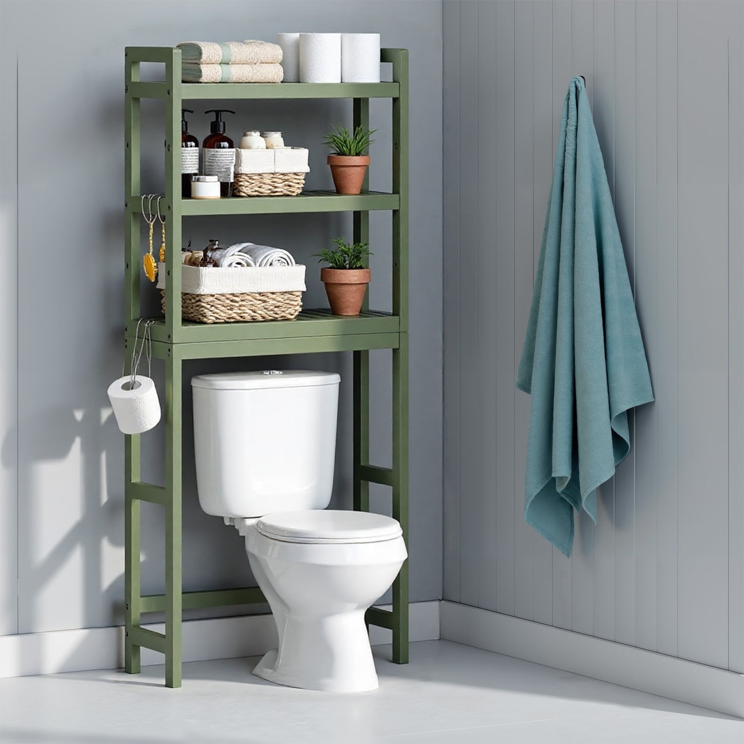 3-Tier Over-The-Toilet Storage Shelf with Adjustable Middle Tier, 4 Hooks & TP Holder ,Space-Saving Bamboo Organizer for Towels, Toiletries, Forest Green