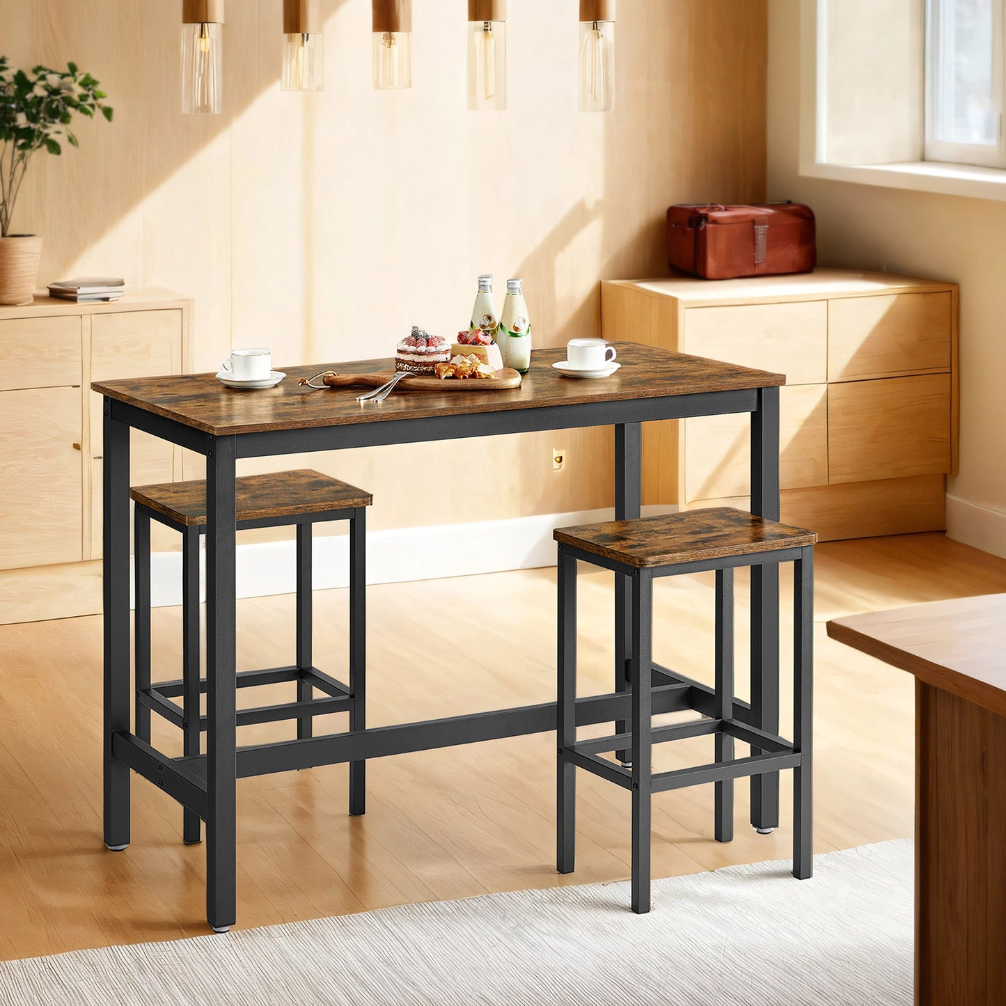Industrial Bar Table, Kitchen Counter Height Dining Table for Living Room, Game Room or Party Space, Black Steel Frame, Brown and Black