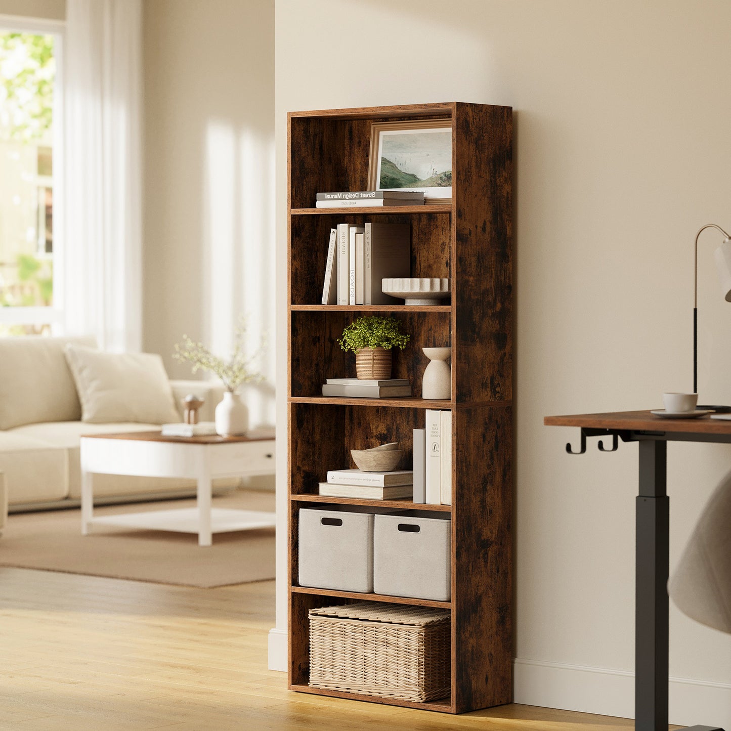 6-Tier Adjustable Bookcase, Open Shelf Storage Unit for Home, Office, Easy Assembly, Rustic Brown