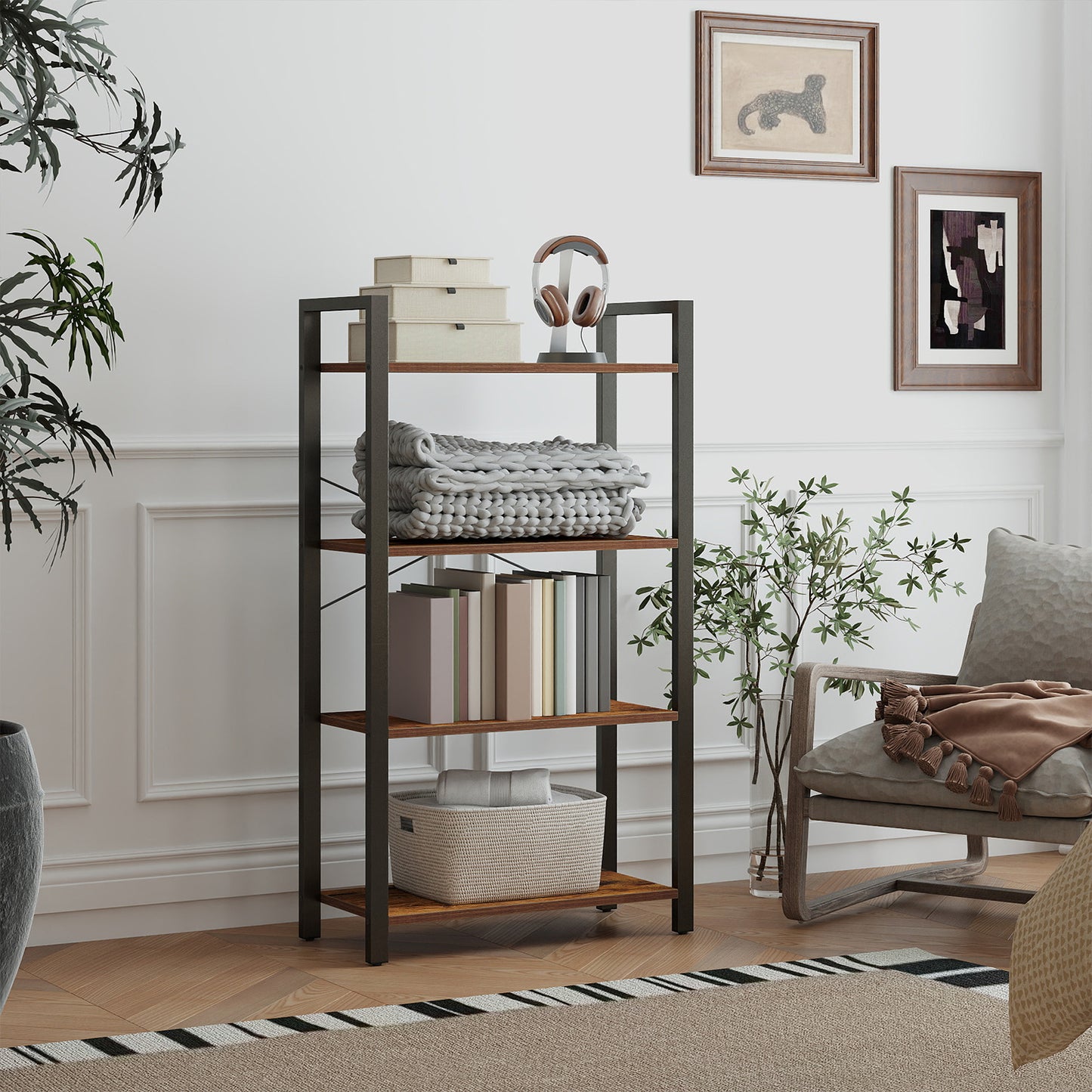 4-Tier Industrial Bookshelf, 26" Steel Frame Bookcase with X-Brace Support, Space-Saving Shelf for Home, Office, Rustic Brown and Black
