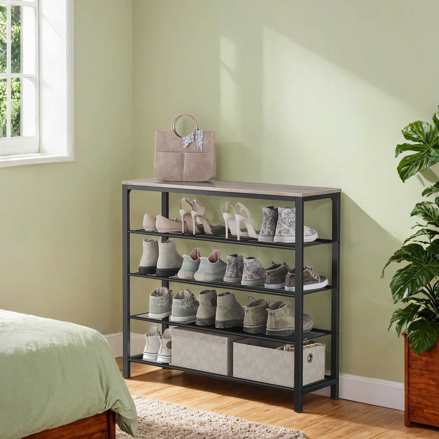 INDESTIC 5-Tier Shoe Rack, Heavy-Duty Steel Frame with 4 Mesh Shelves & Large Top for Shoes,Bags, Entryway Organizer, Adjustable Feet, Greige,Black