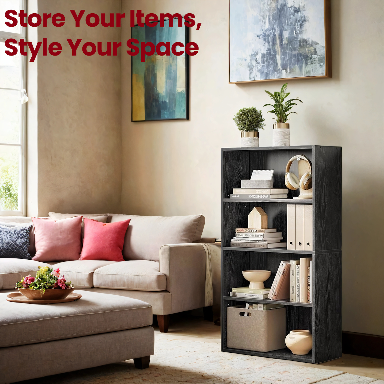 4-Tier Adjustable Bookcase, Open Shelf Organizer, 42.4" Tall Storage Unit for Home, Office, 22lb Capacity, Ebony Black