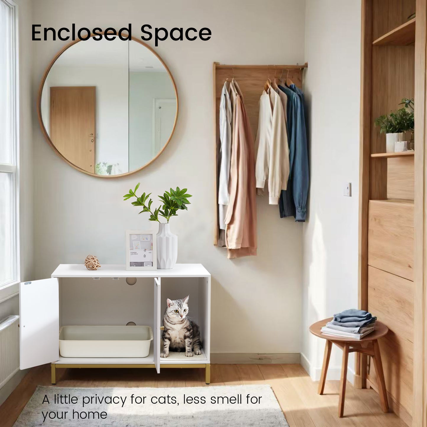 Modern Cat Litter Box Enclosure - Hidden Litter Box Furniture with Scratching Mat, Side Table, White and Gold