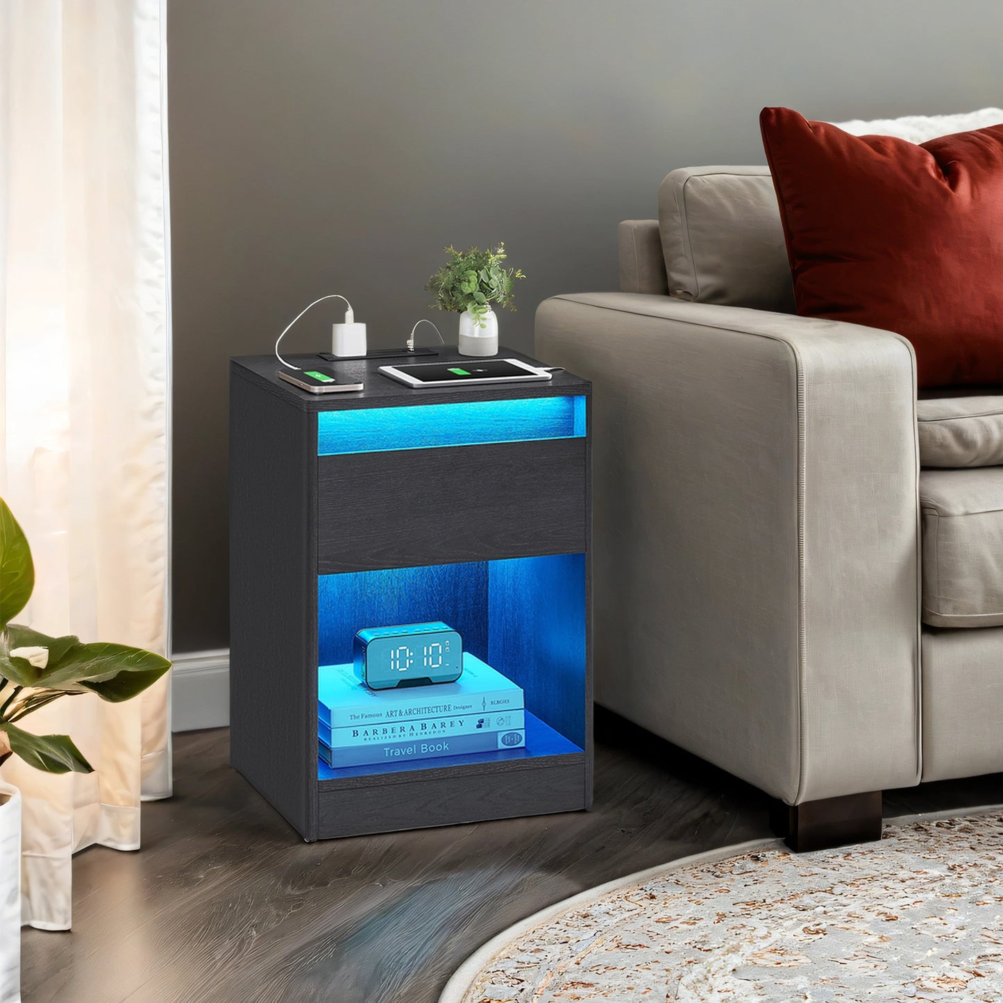 Modern LED Nightstand with Charging Station - Adjustable Color Lights, 2 Outlets & USB Ports, Spacious Drawer, 242lb Capacity, Ebony Black