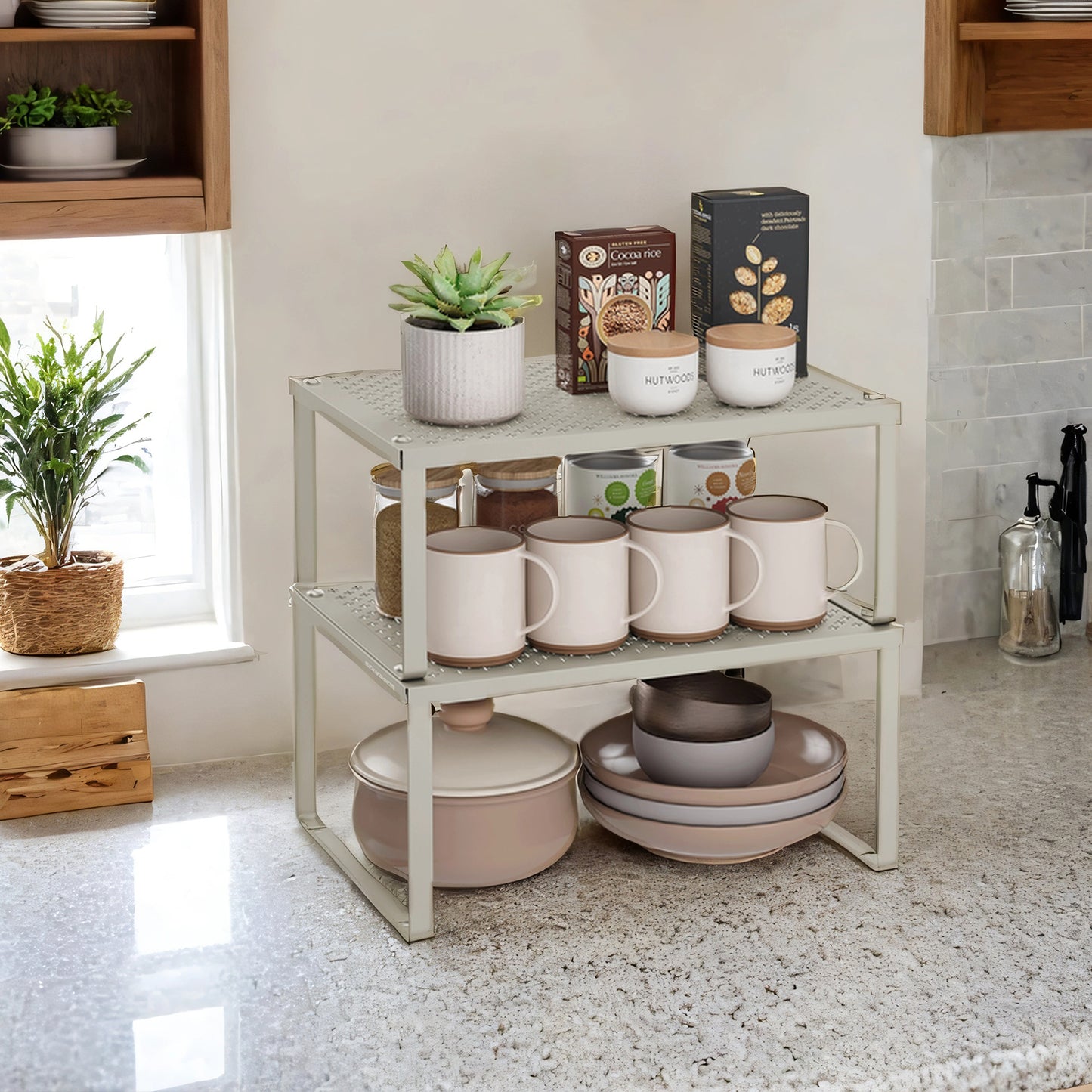 2-Tier Stackable Spice Rack Organizer – Heavy-Duty Metal Shelf Risers for Cabinets & Countertops, Adjustable Design, Holds 22 lbs, Oatmeal Beige