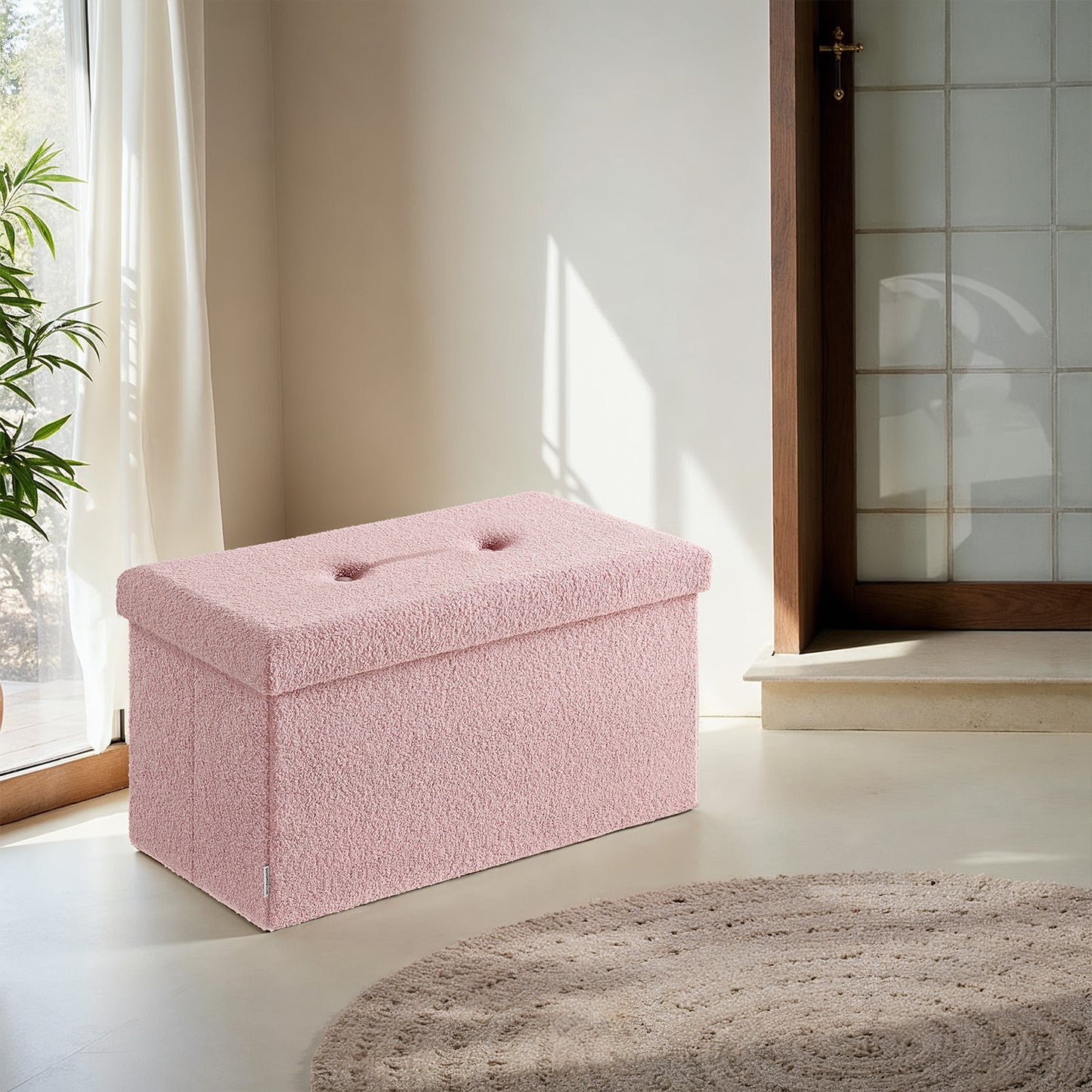 5-in-1 Storage Ottoman Bench - 660lb Capacity, 24-Gal Storage, Foldable, Multi-Functional Footrest or Seat, Jelly Pink