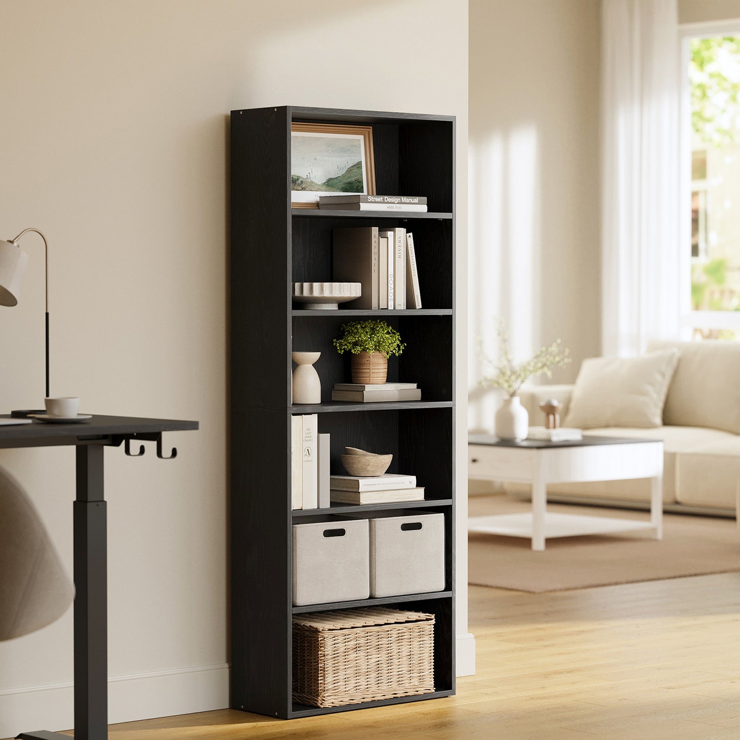 6-Tier Adjustable Bookcase, Open Shelf Storage Unit for Home, Office, Tool-Free Assembly, Ebony Black
