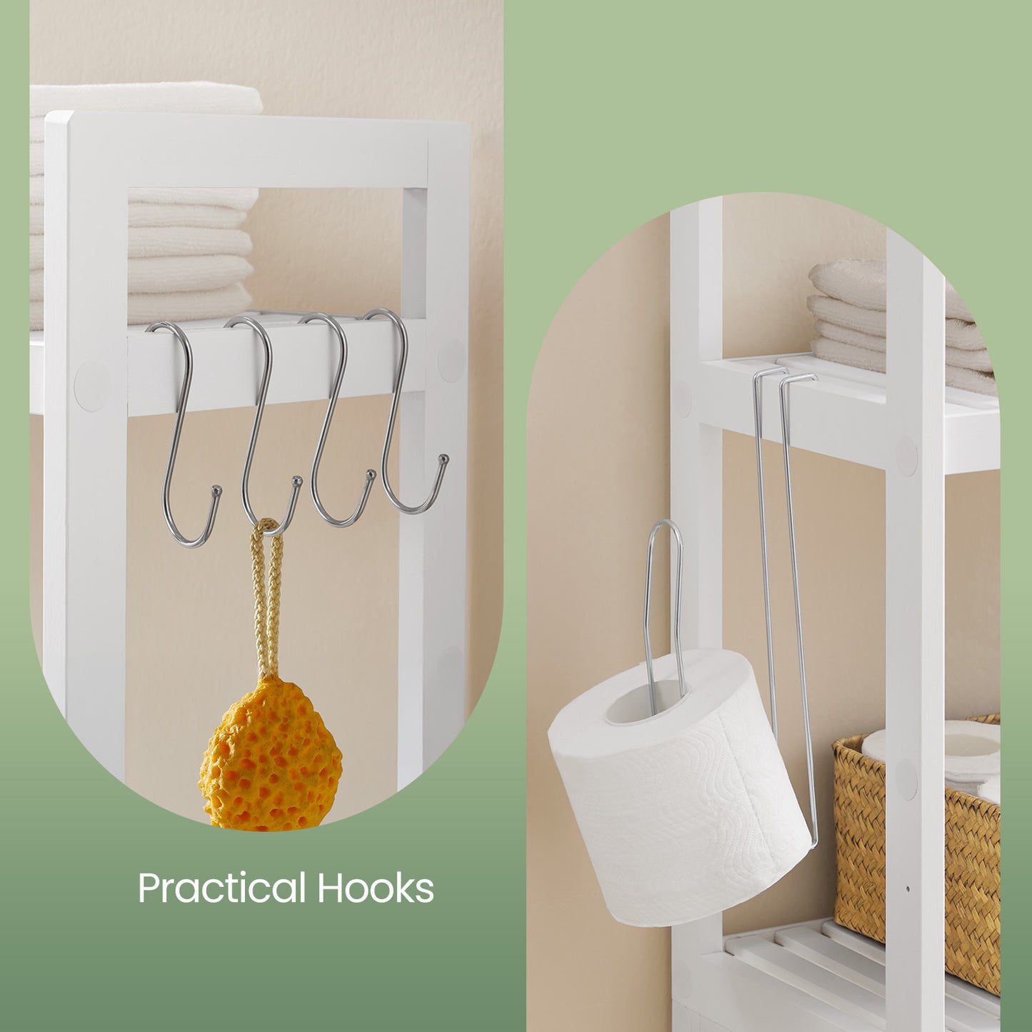 3-Tier Over-The-Toilet Bathroom Shelf Organizer with Adjustable Middle Shelf, 4 Hooks & TP Holder, Space-Saving Design, Fits Most Toilets, Cloud White