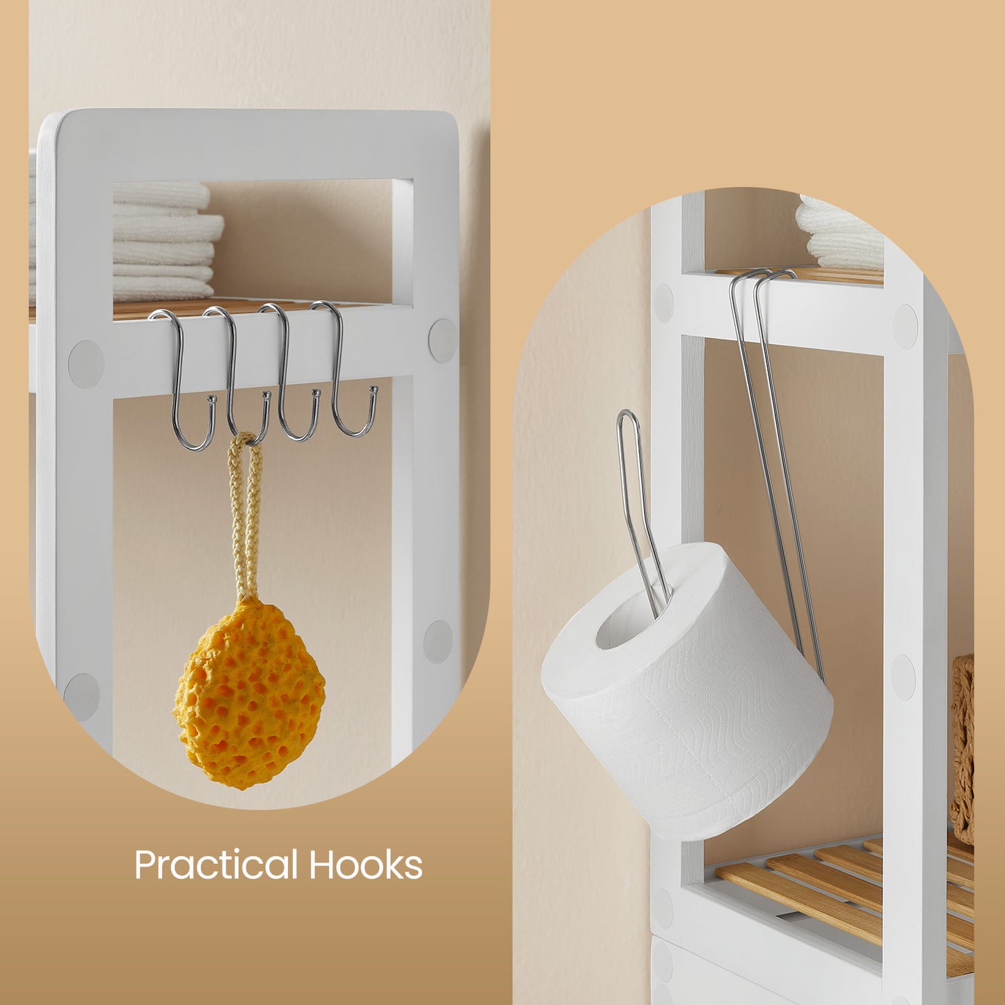 3-Tier Over-The-Toilet Shelf Organizer, Adjustable Bamboo Storage with Hooks & TP Holder, Space-Saving Design for Bathroom, Cloud White , Natural Beige