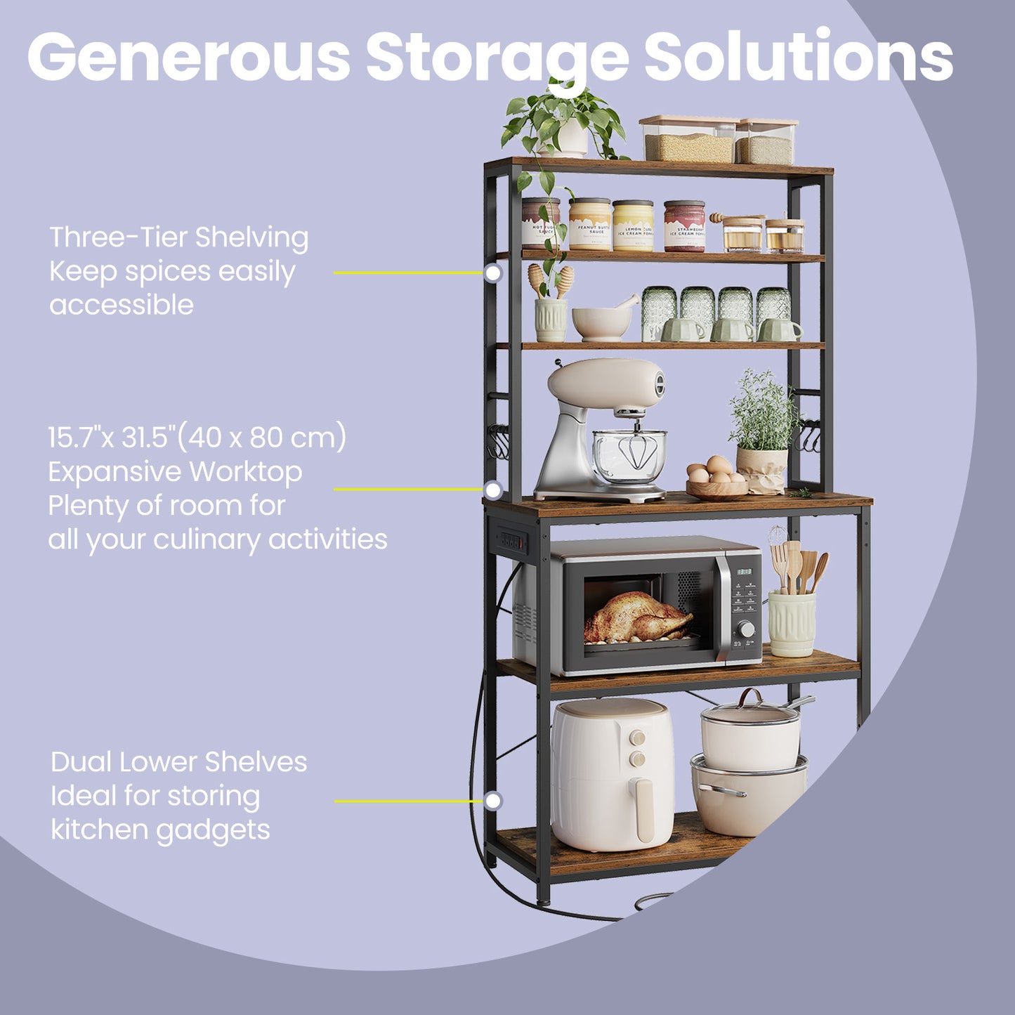 31.5" Bakers Rack with Power Outlet, 6-Tier Kitchen Shelves with Adjustable Shelf & Hooks, Microwave Stand, Rustic Brown and Black