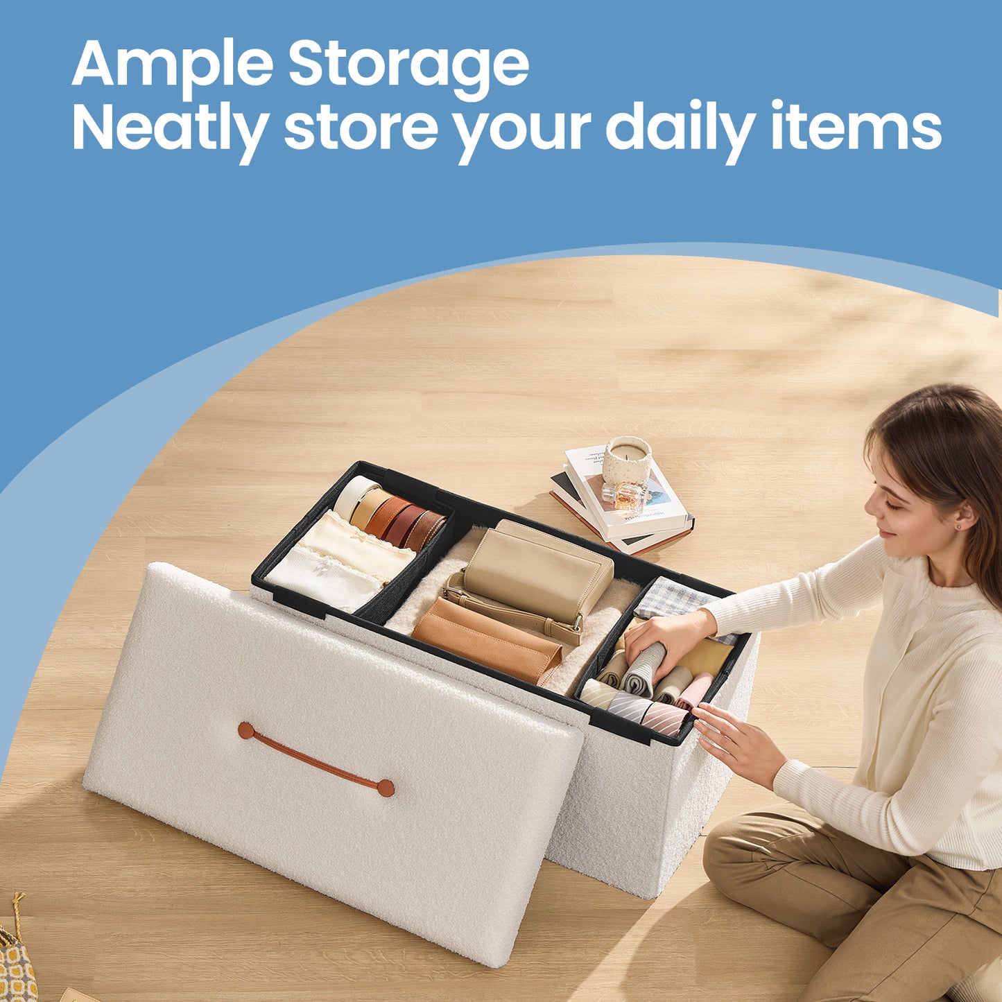 Storage Ottoman Bench - 660lb Capacity, 24-Gallon Storage, Foldable Design, Multi-Functional Footrest/Seat, Cream White