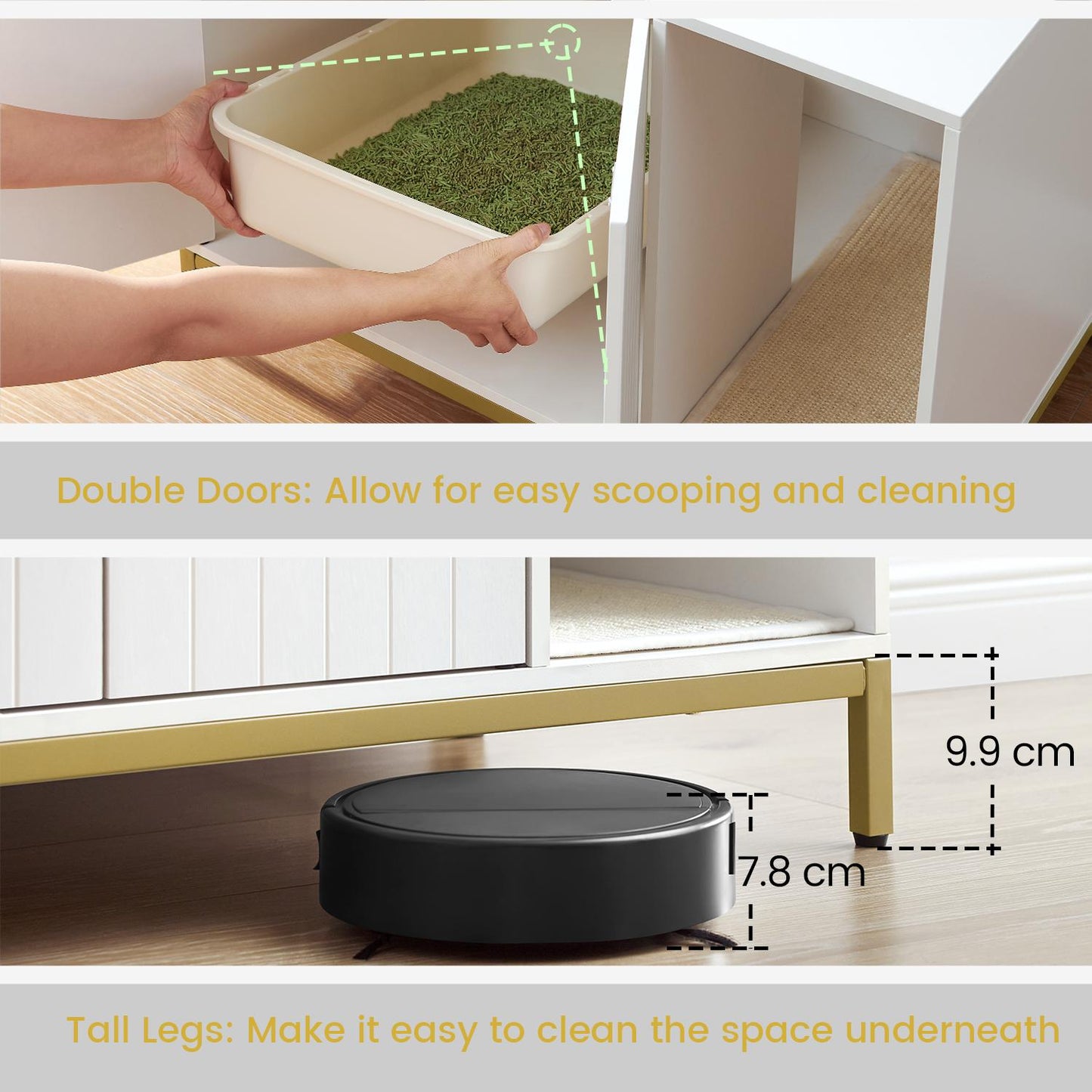 Modern Cat Litter Box Enclosure - Hidden Litter Box Furniture with Scratching Mat, Side Table, White and Gold