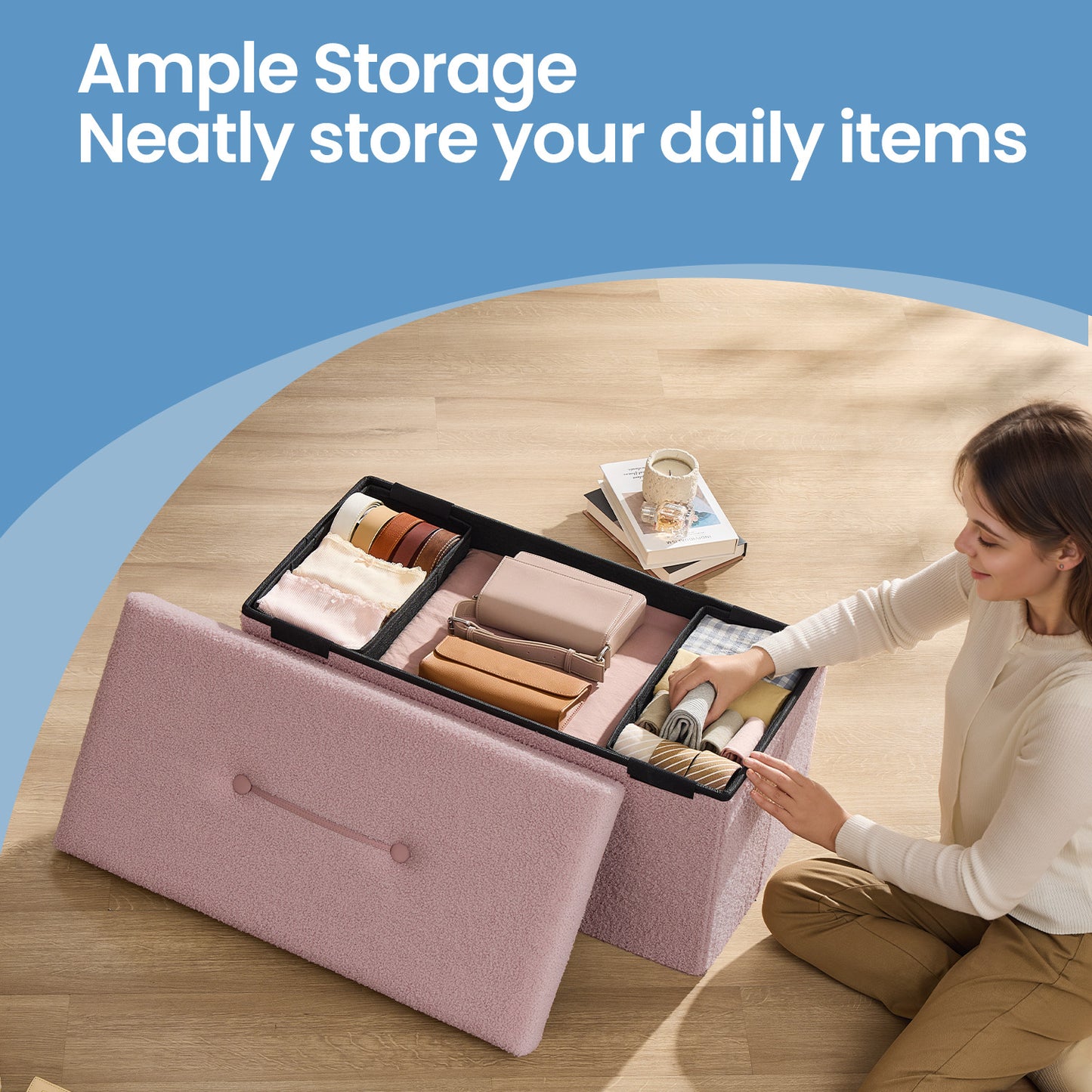 5-in-1 Storage Ottoman Bench - 660lb Capacity, 24-Gal Storage, Foldable, Multi-Functional Footrest or Seat, Jelly Pink