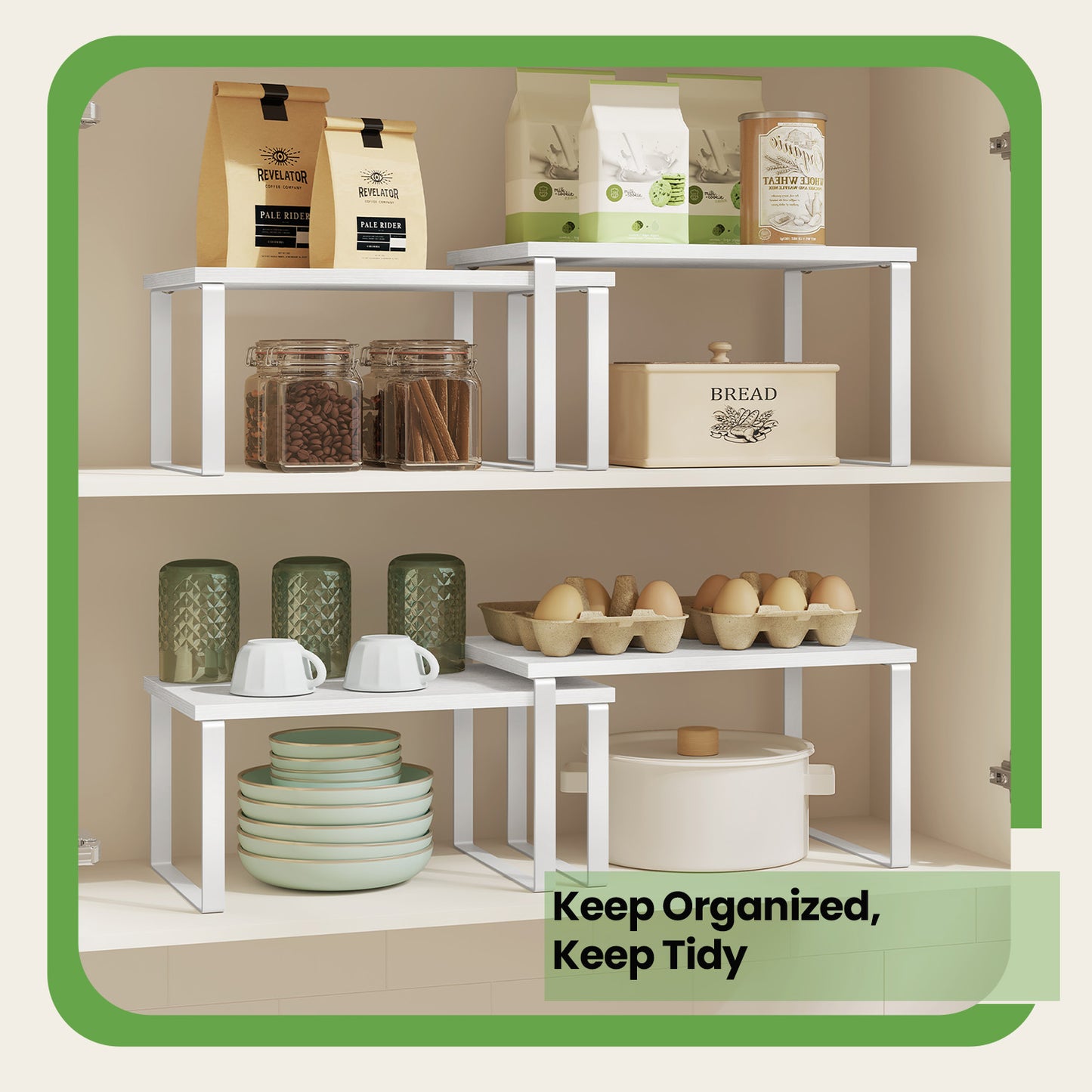Kitchen Cabinet Organizer Shelf Set, 2-Tier Stackable & Expandable Storage Rack, Countertop Spice Holder, for Pantry,Bathroom,Office, White
