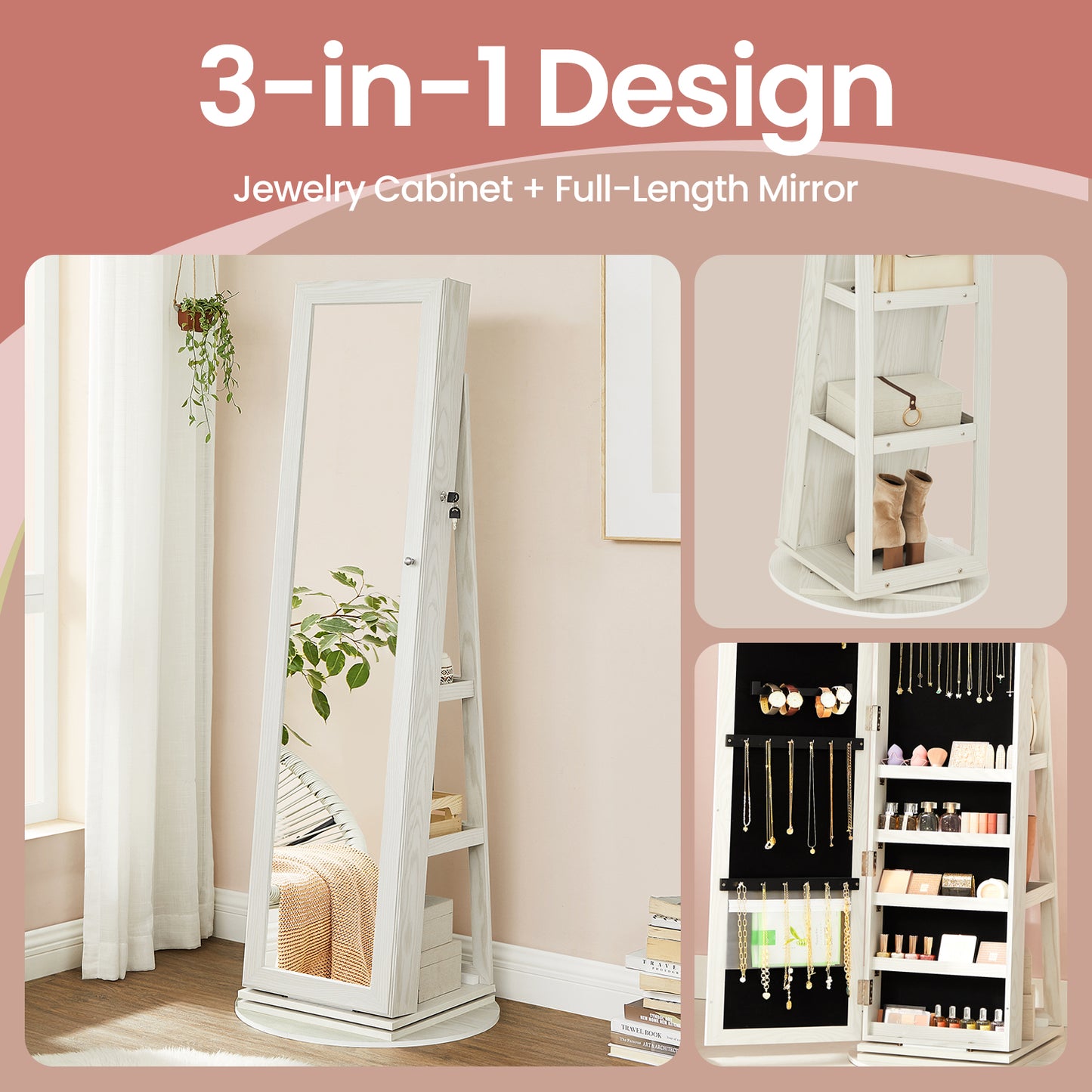 360° Swivel Lockable Jewelry Armoire with Full-Length Mirror, 120 Earring Slots, 12 Necklace Hooks, 78 Ring Slots, Rear Shelves & Interior Mirror,White
