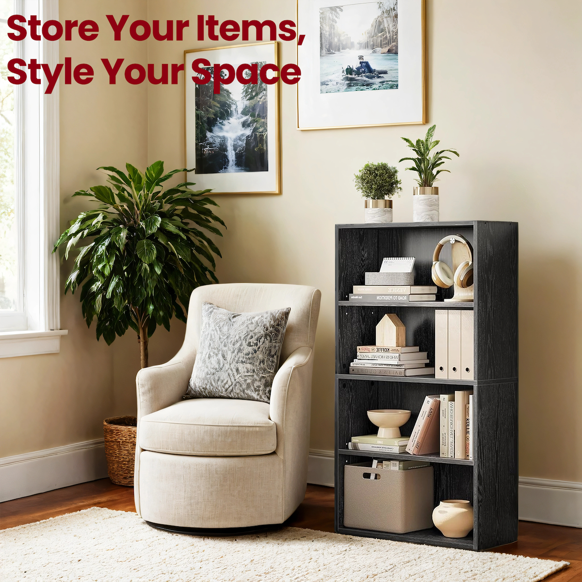 4-Tier Adjustable Bookcase, Open Shelf Organizer, 42.4" Tall Storage Unit for Home, Office, 22lb Capacity, Ebony Black