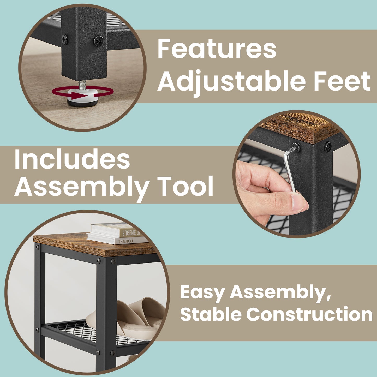 3-Tier Shoe Rack Bench with Seat, Free Standing Shoe Organizer with Mesh Shelves for Entryway, Holds 6-8 Pairs, 198lb Capacity,Rustic Brown and Black