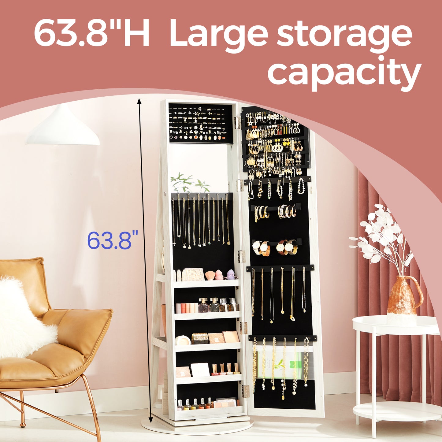 360° Swivel Lockable Jewelry Armoire with Full-Length Mirror, 120 Earring Slots, 12 Necklace Hooks, 78 Ring Slots, Rear Shelves & Interior Mirror,White