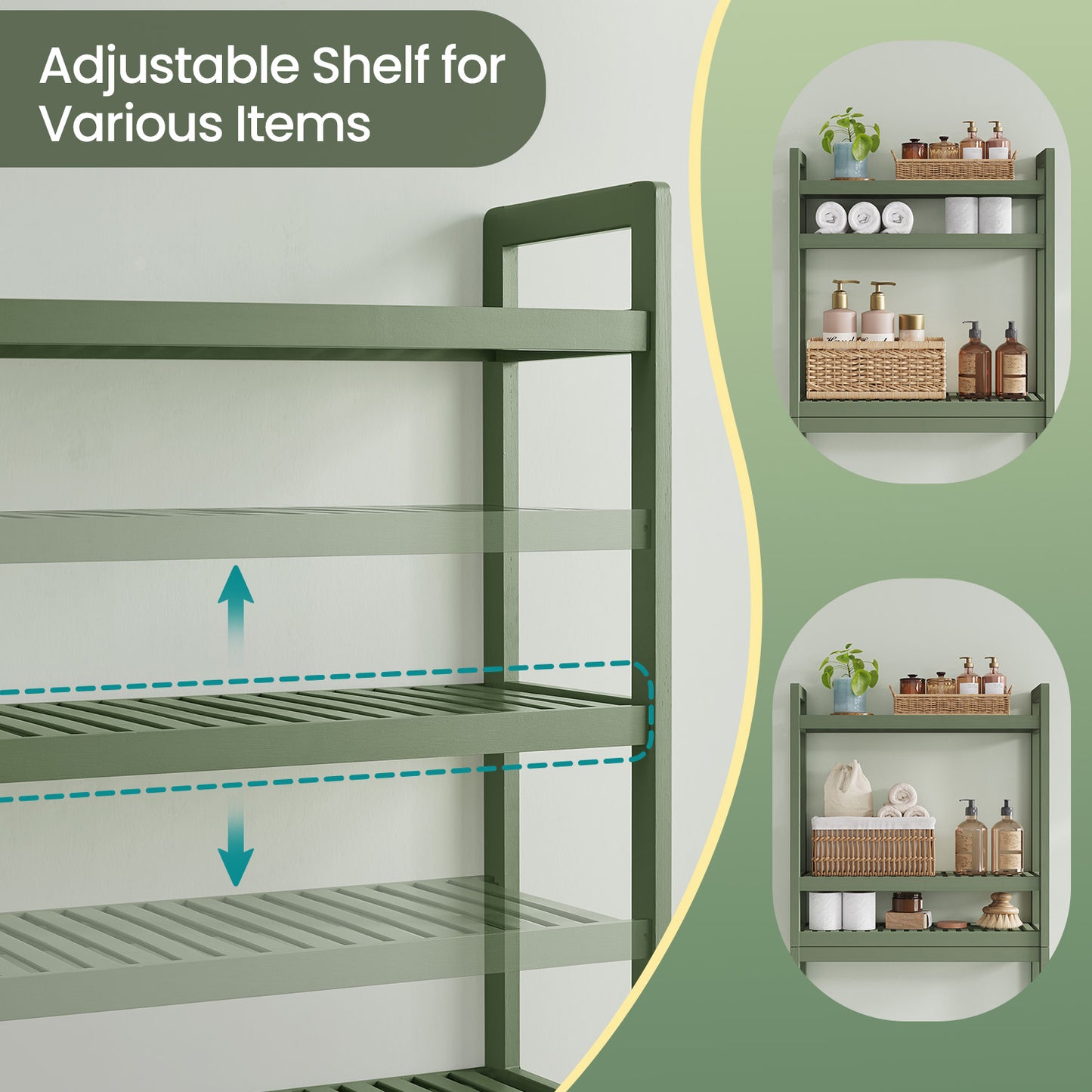 3-Tier Over-The-Toilet Storage Shelf with Adjustable Middle Tier, 4 Hooks & TP Holder ,Space-Saving Bamboo Organizer for Towels, Toiletries, Forest Green