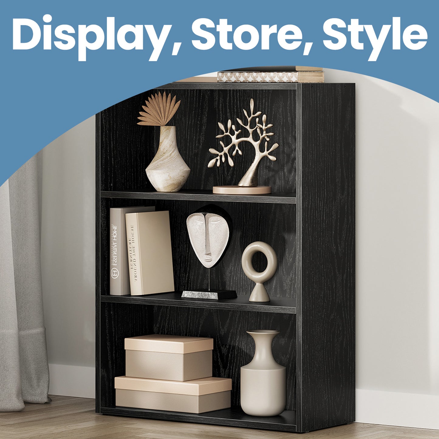 3-Tier Adjustable Bookcase, Open Shelf Organizer, 32" Tall Storage Unit for Home, Office, 22lb Capacity, Ebony Black