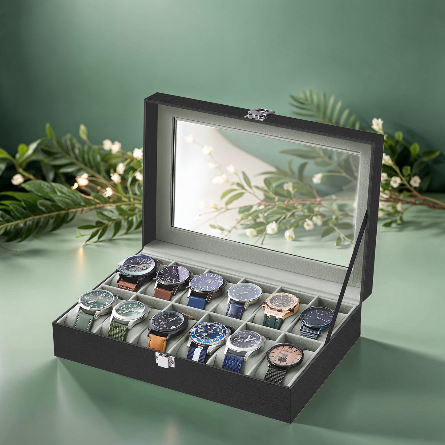12-Slot Deluxe Watch Display Case with Glass Top, Removable Pillows & PU Leather, Watch Organizer Gift Box, Black and Gray