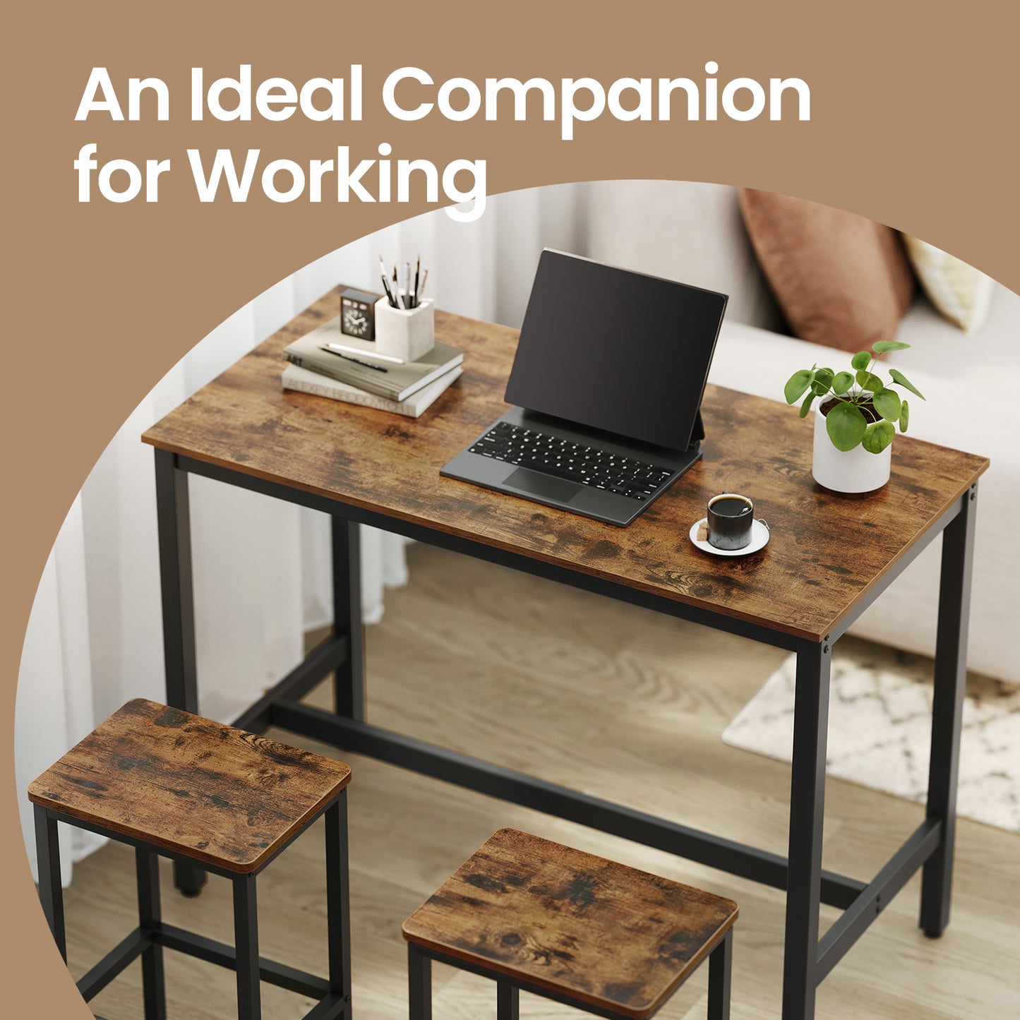 Industrial Bar Table, Kitchen Counter Height Dining Table for Living Room, Game Room or Party Space, Black Steel Frame, Brown and Black