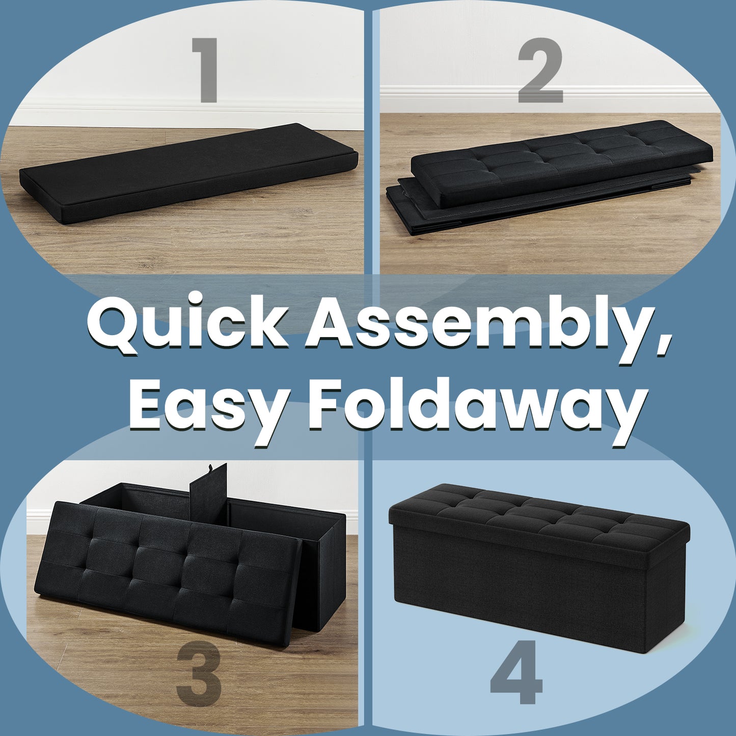 Collection - 43" Foldable Storage Ottoman Bench, 660lb Capacity, Multi-Functional Footrest, Seat, Storage, 35 Gal, Removable Divider, Ink Black