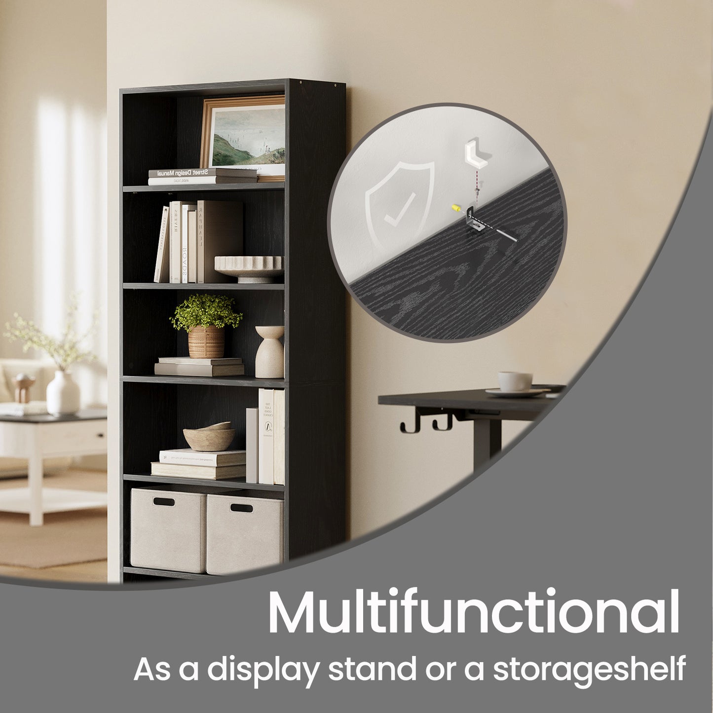 6-Tier Adjustable Bookcase, Open Shelf Storage Unit for Home, Office, Tool-Free Assembly, Ebony Black