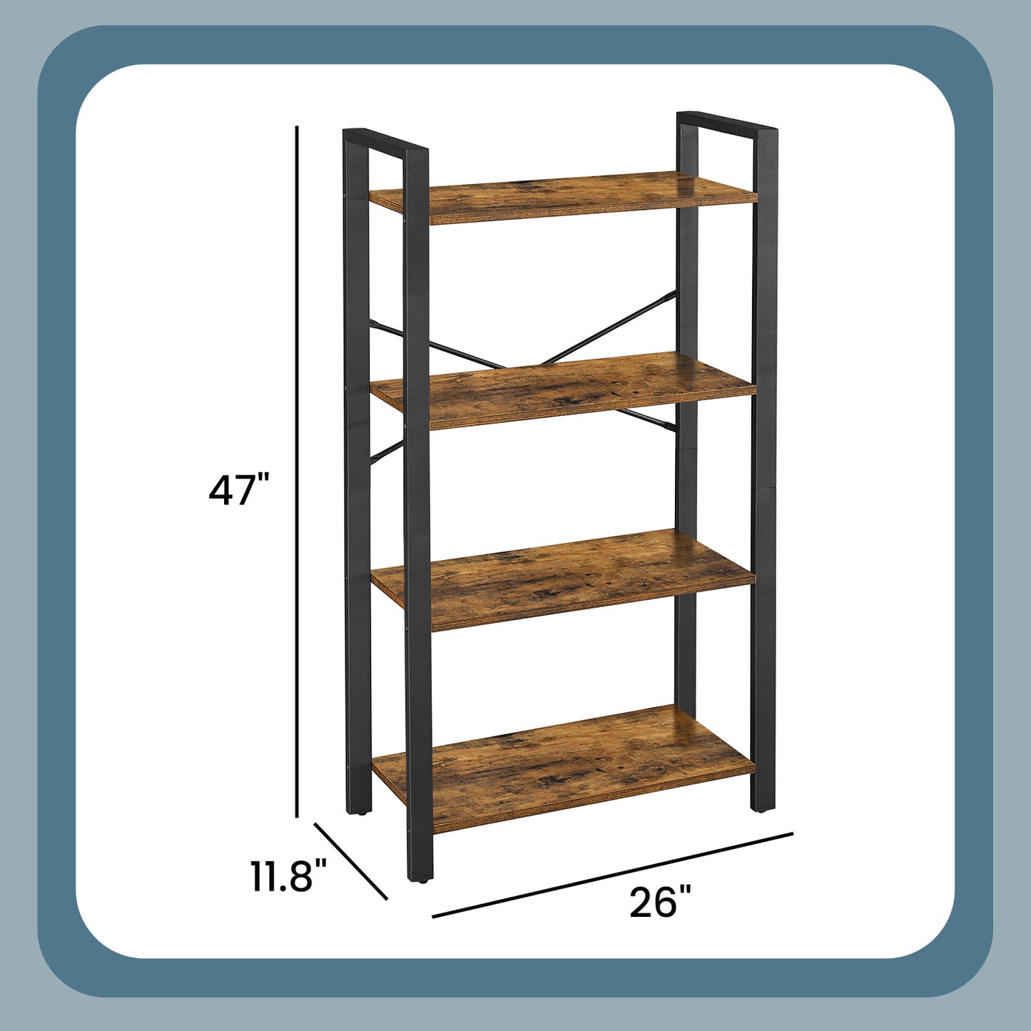 4-Tier Industrial Bookshelf, 26" Steel Frame Bookcase with X-Brace Support, Space-Saving Shelf for Home, Office, Rustic Brown and Black