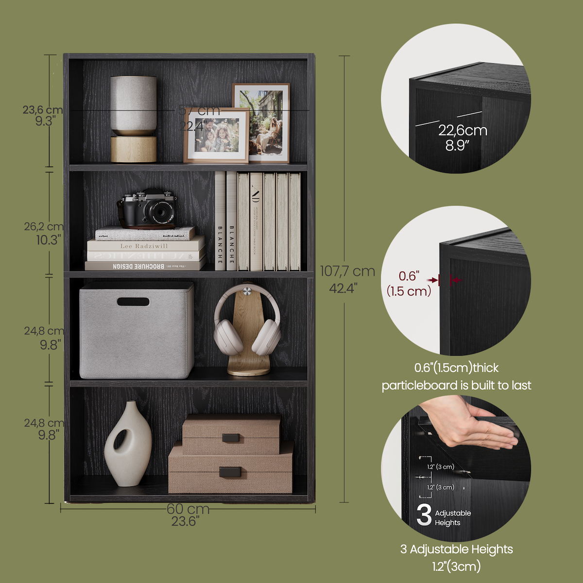 4-Tier Adjustable Bookcase, Open Shelf Organizer, 42.4" Tall Storage Unit for Home, Office, 22lb Capacity, Ebony Black