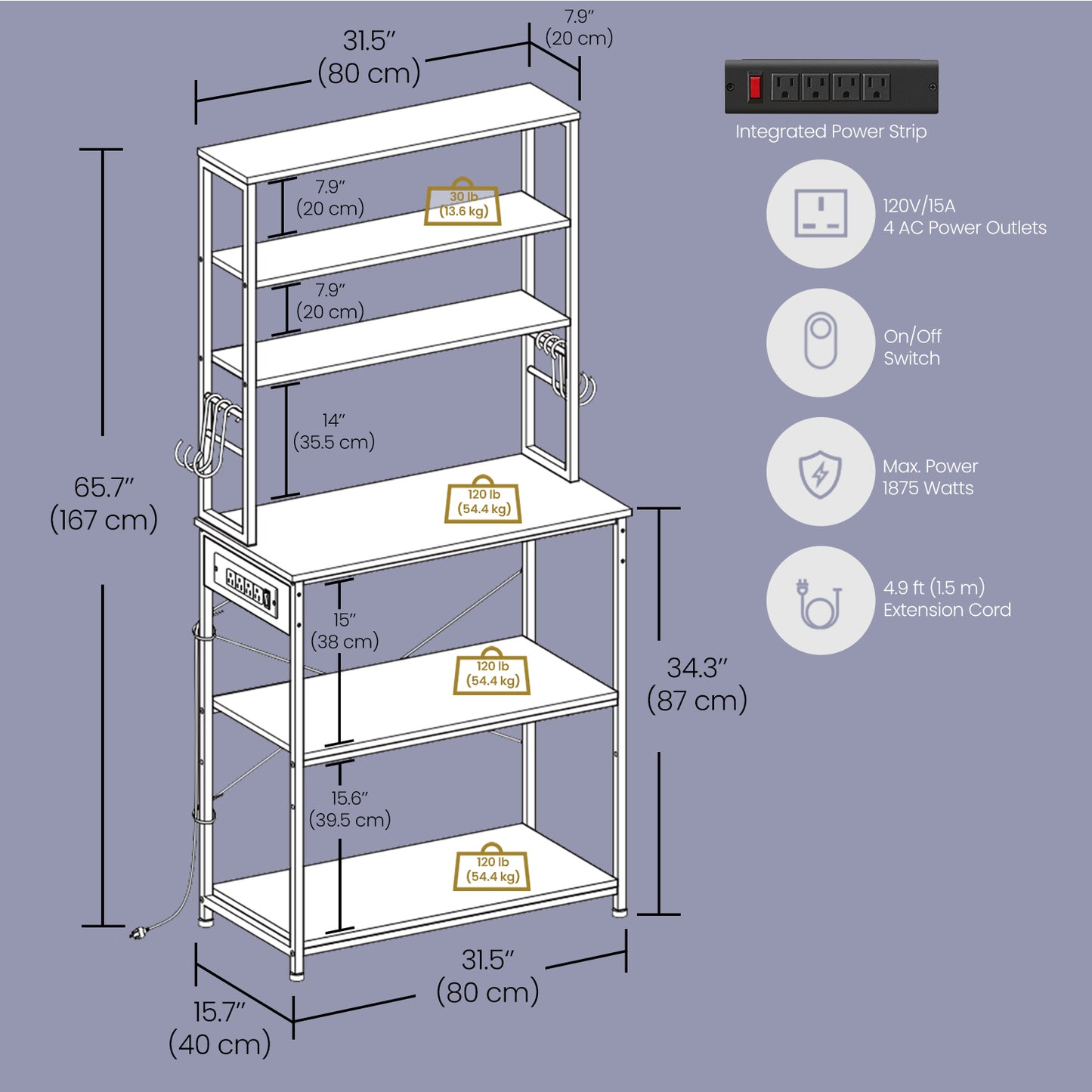31.5" Bakers Rack with Power Outlet, 6-Tier Kitchen Shelves with Adjustable Shelf & Hooks, Microwave Stand, Rustic Brown and Black