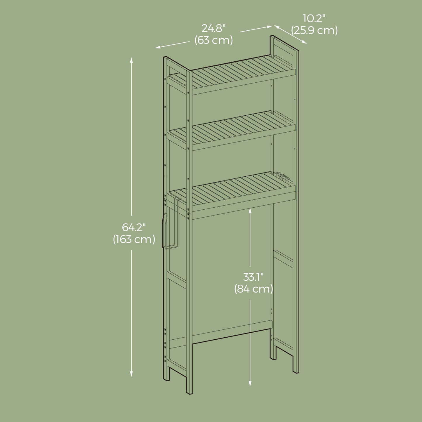 3-Tier Over-The-Toilet Storage Shelf with Adjustable Middle Tier, 4 Hooks & TP Holder ,Space-Saving Bamboo Organizer for Towels, Toiletries, Forest Green