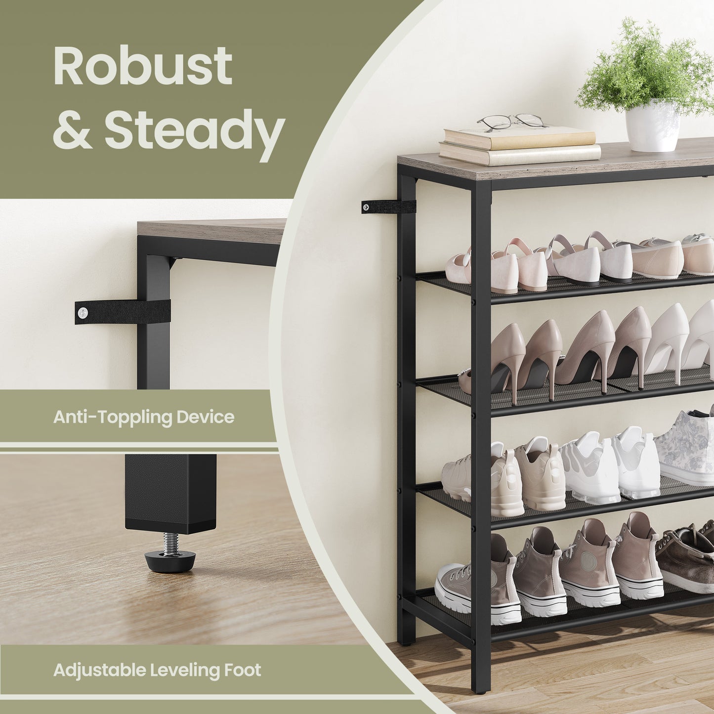 INDESTIC 5-Tier Shoe Rack, Heavy-Duty Steel Frame with 4 Mesh Shelves & Large Top for Shoes,Bags, Entryway Organizer, Adjustable Feet, Greige,Black
