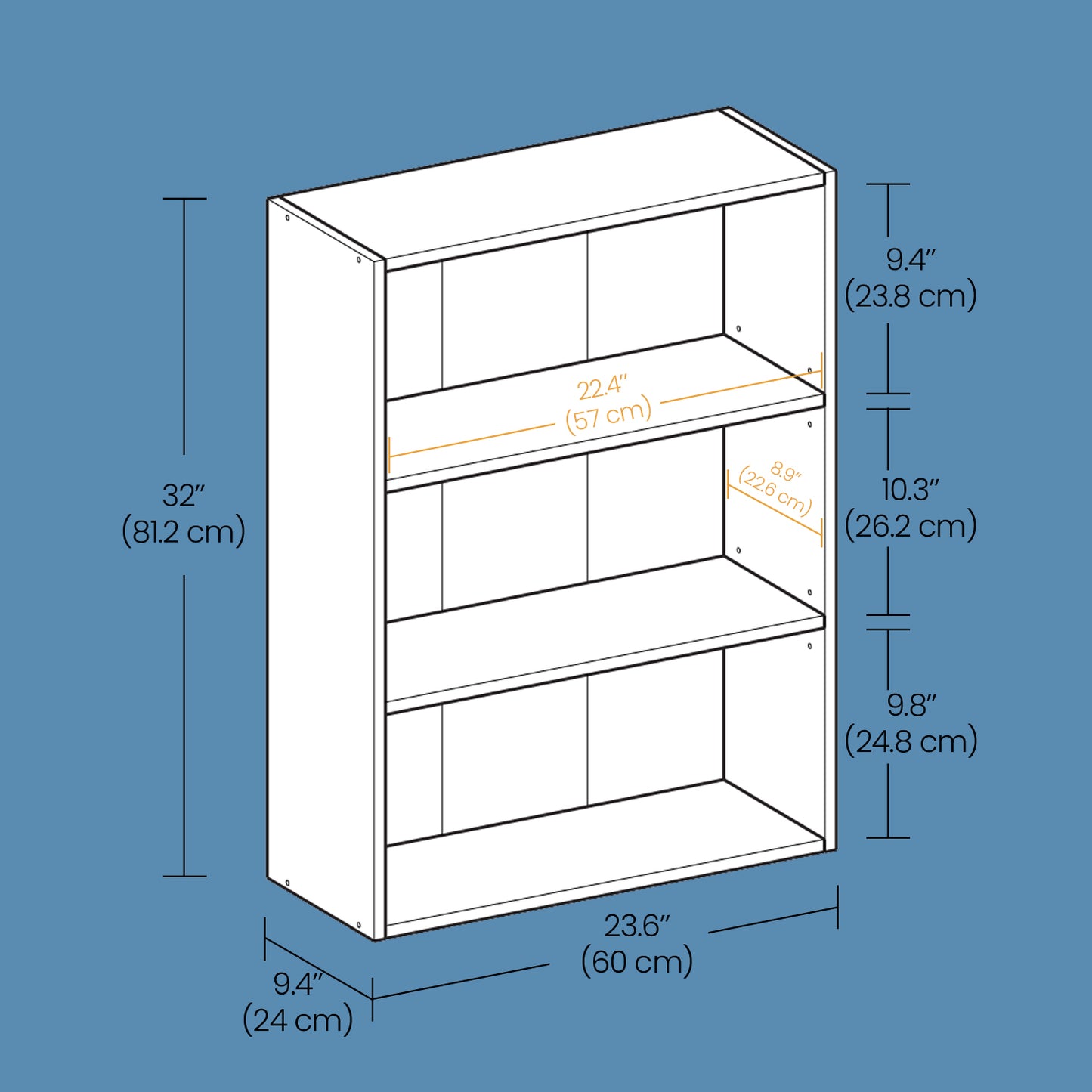 3-Tier Adjustable Bookcase, Open Shelf Organizer, 32" Tall Storage Unit for Home, Office, 22lb Capacity, Ebony Black